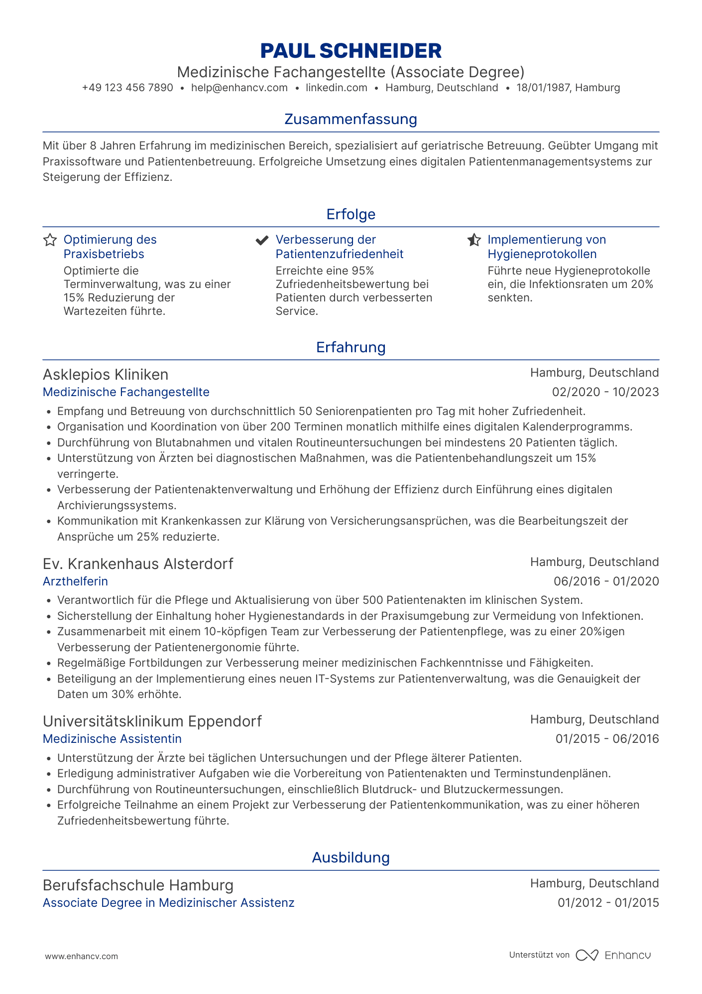 Lebenslauf in Arzthelferin in der Geriatrie Resume Example