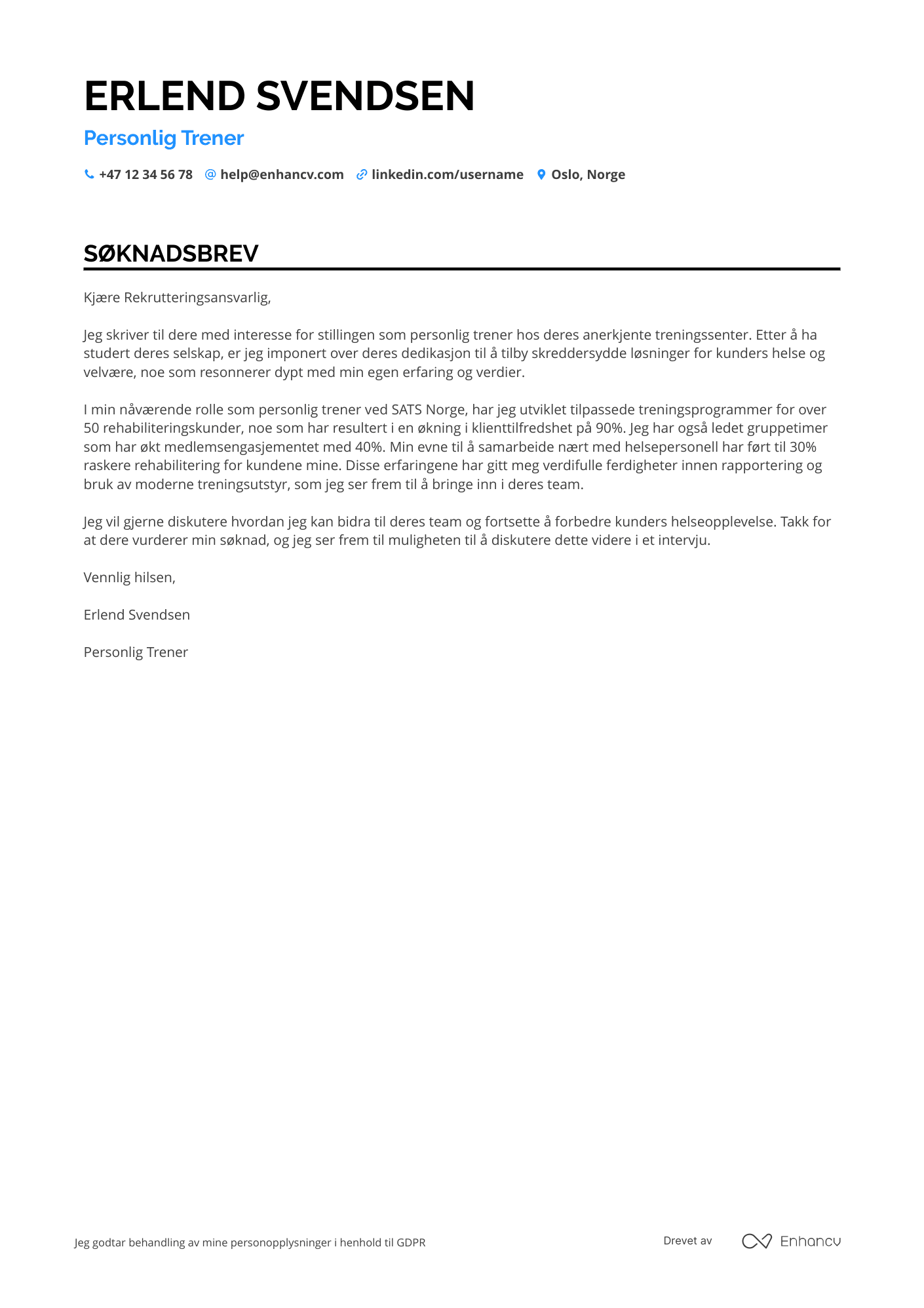 Søknadsbrev for Personlig trener for rehabilitering Resume Example