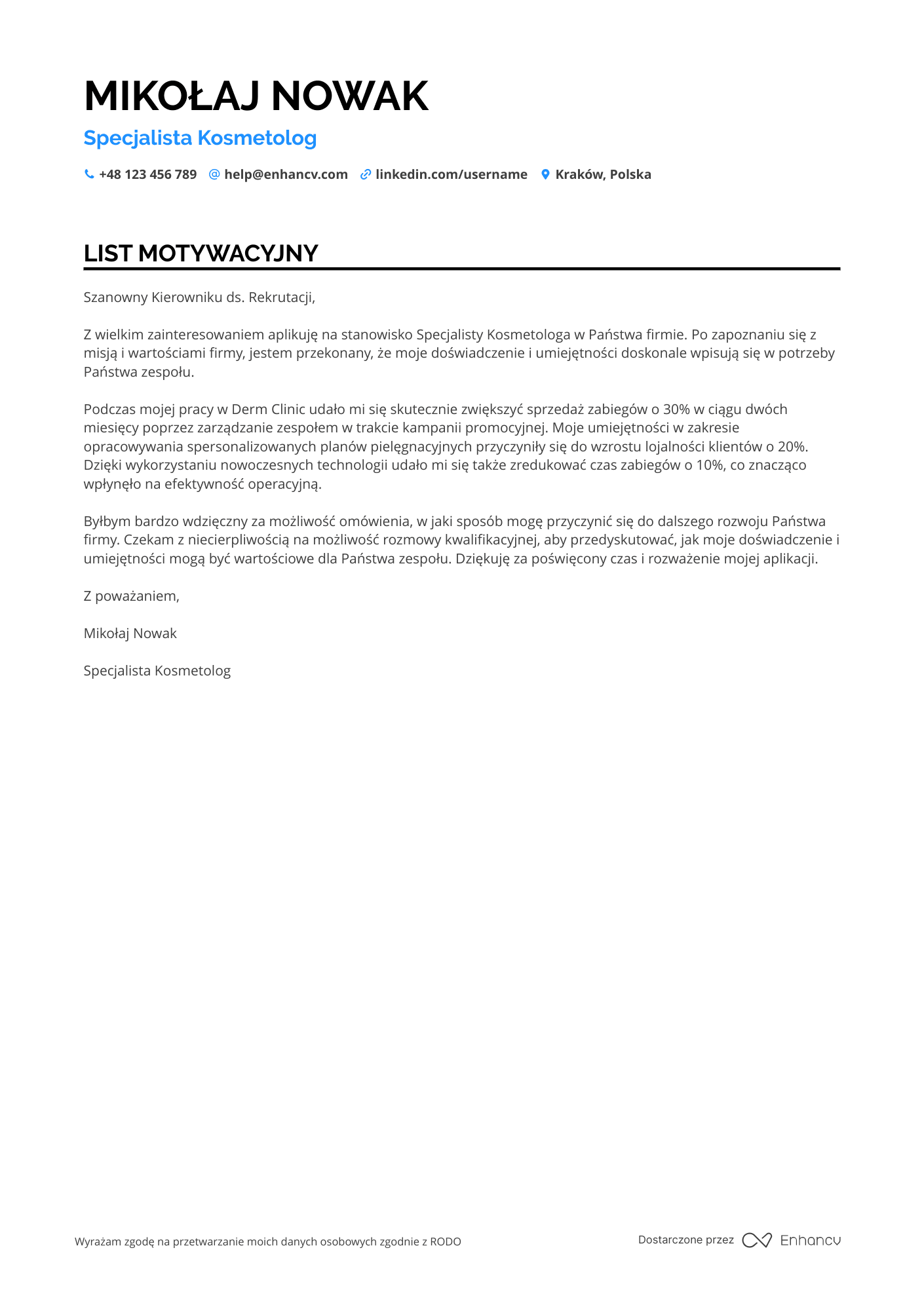 List motywacyjny dla Specjalista Kosmetolog Resume Example