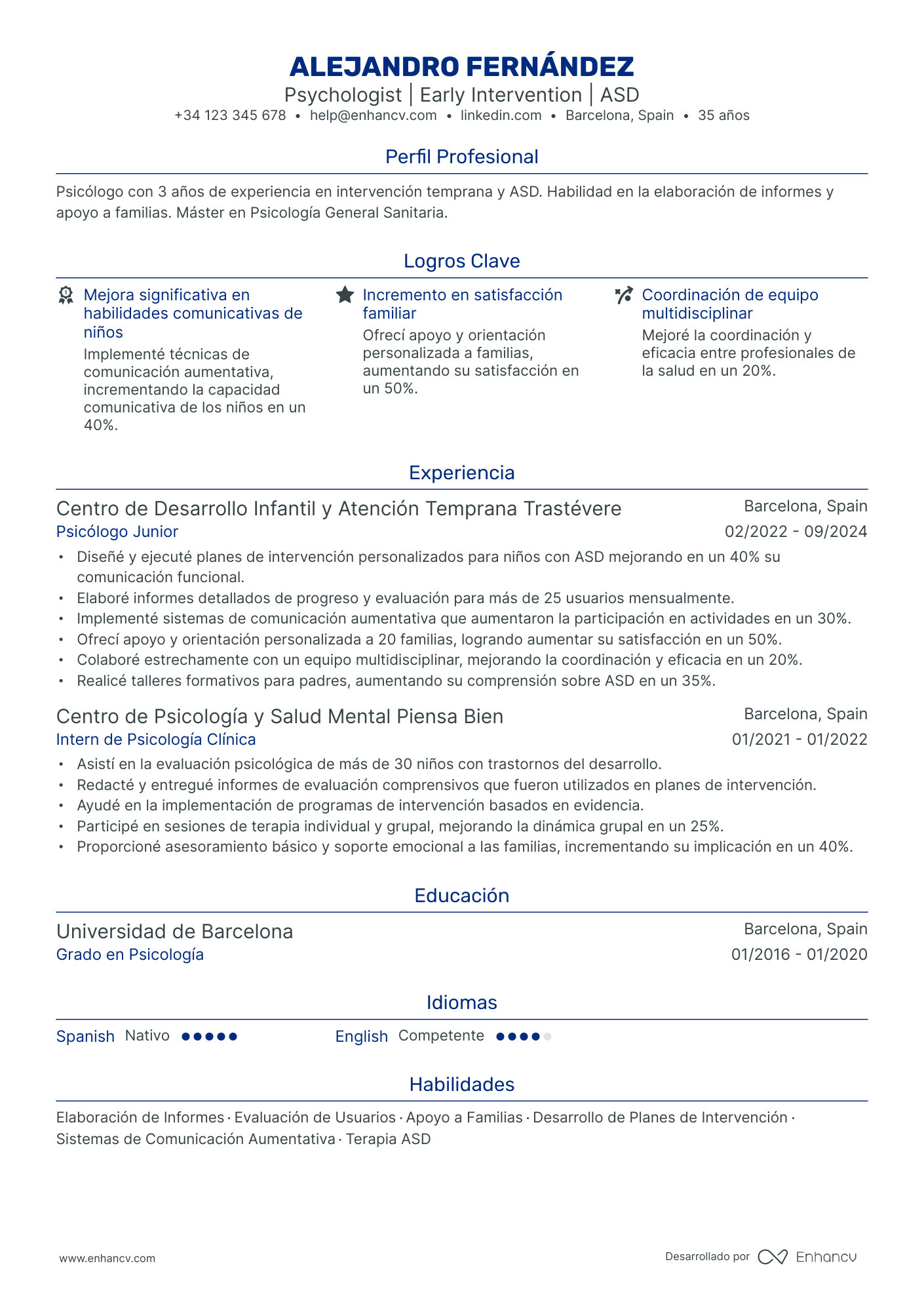 Psicólogo Junior Resume Example