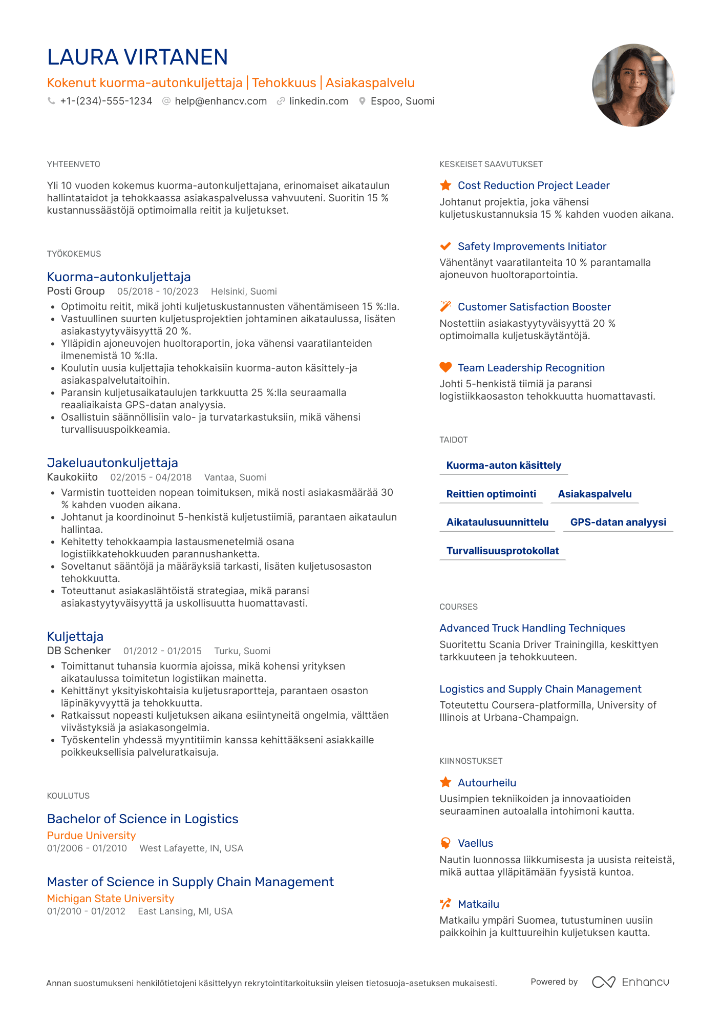 Ansioluettelo Kokenut kuorma autonkuljettaja Resume Example