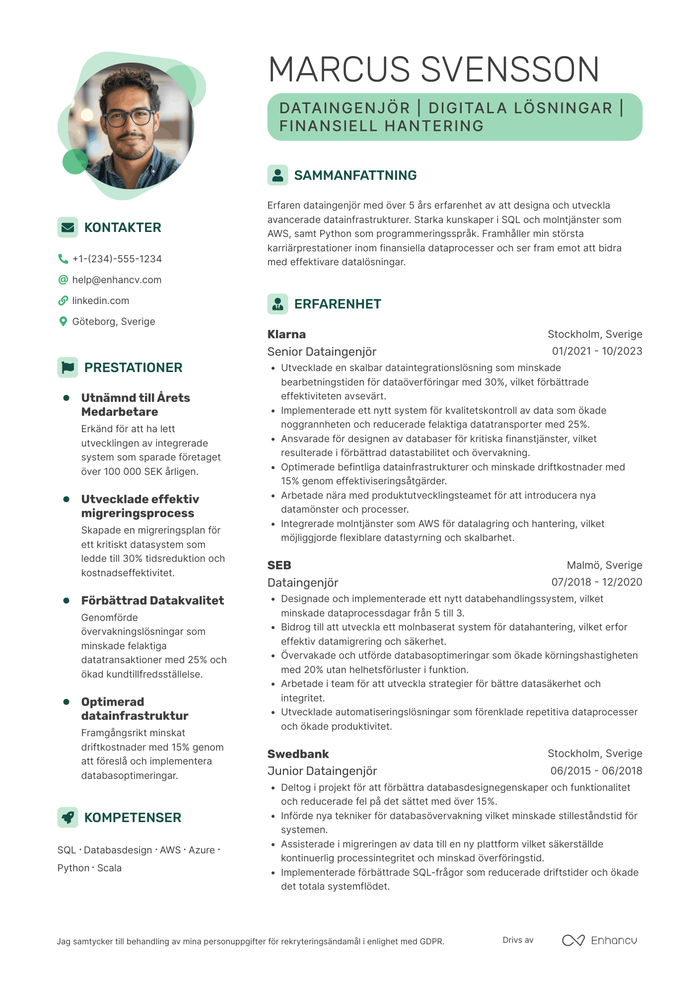 CV för Dataingenjör för fintech Resume Example
