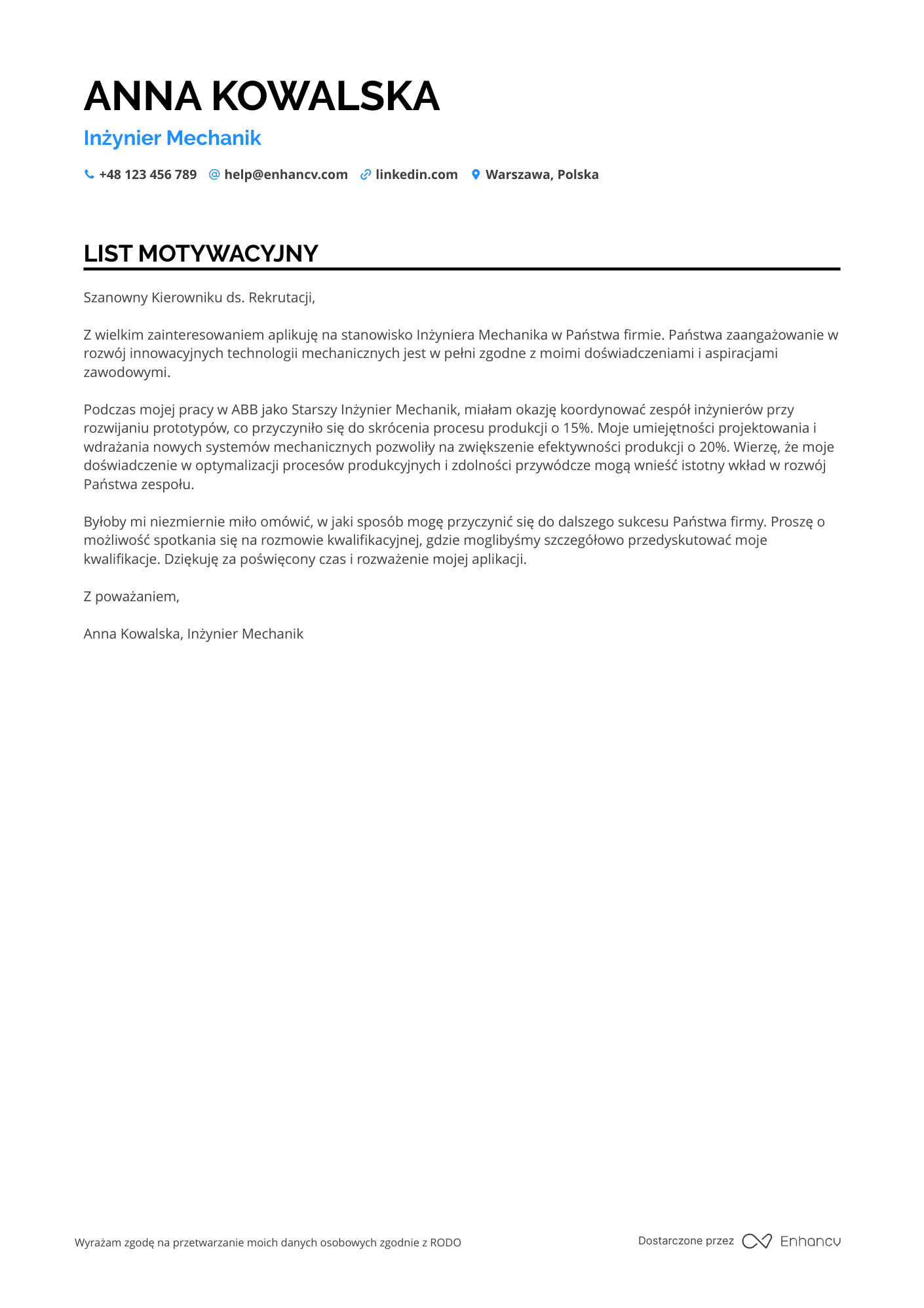 List motywacyjny dla Inżynier Mechanik Resume Example