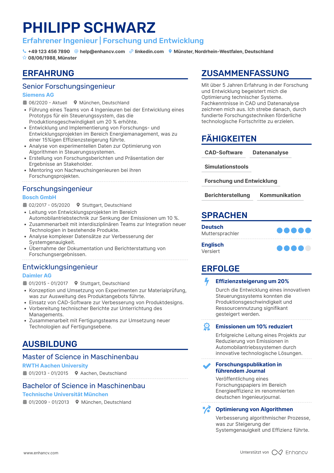 Lebenslauf als Ingenieur mit Forschungserfahrung Resume Example