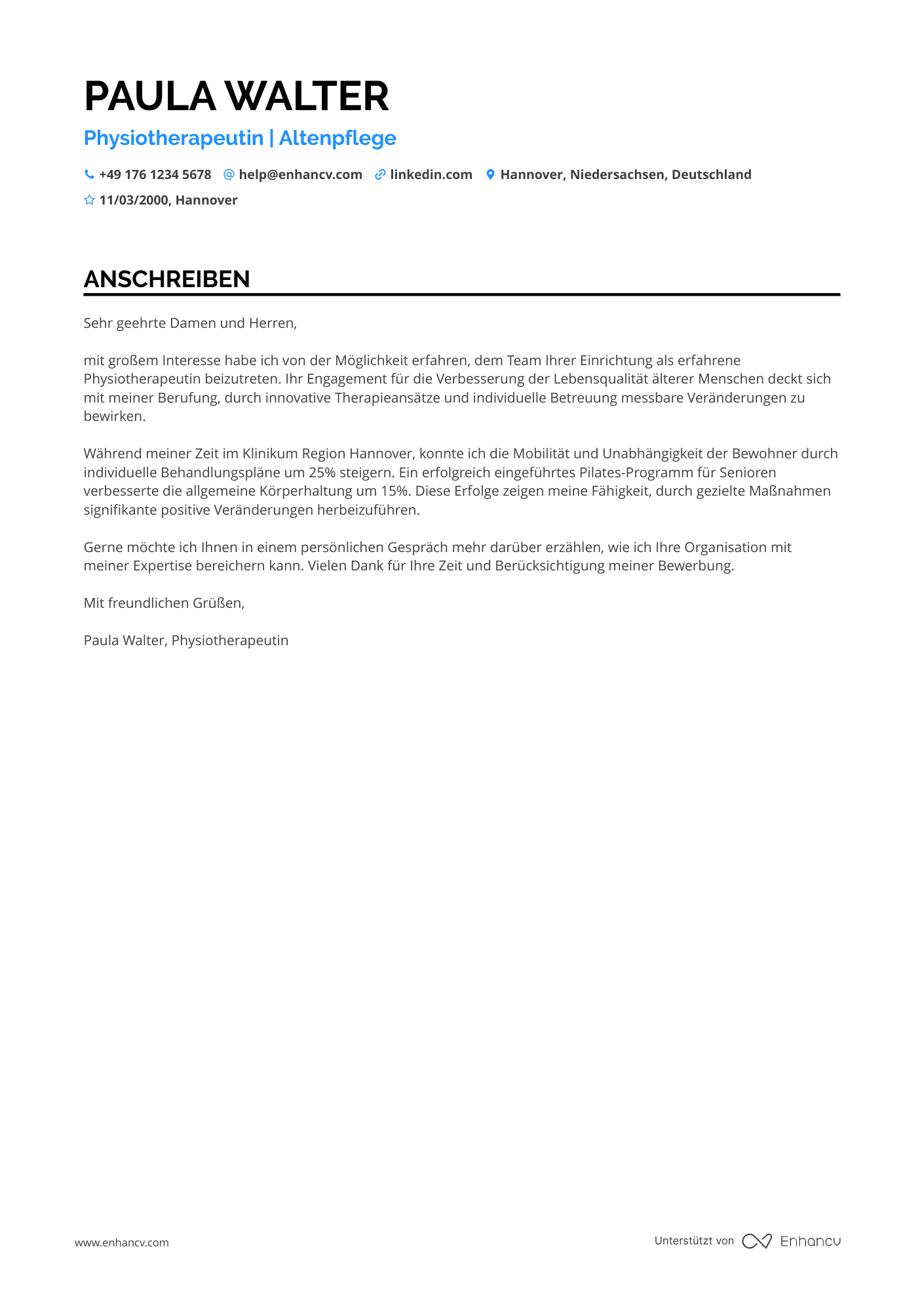 Physiotherapeut in einem Altenheim Resume Example