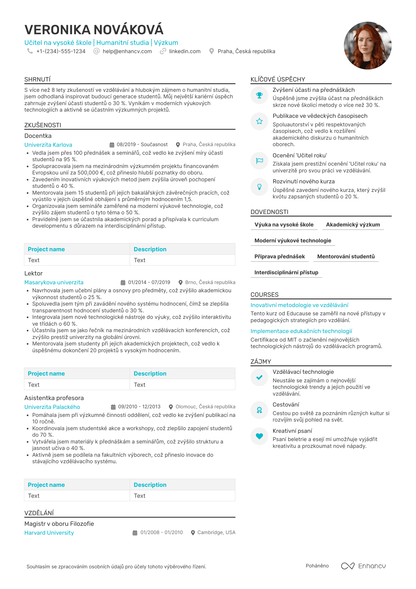 Životopis pro Učitel na vysoké škole Resume Example