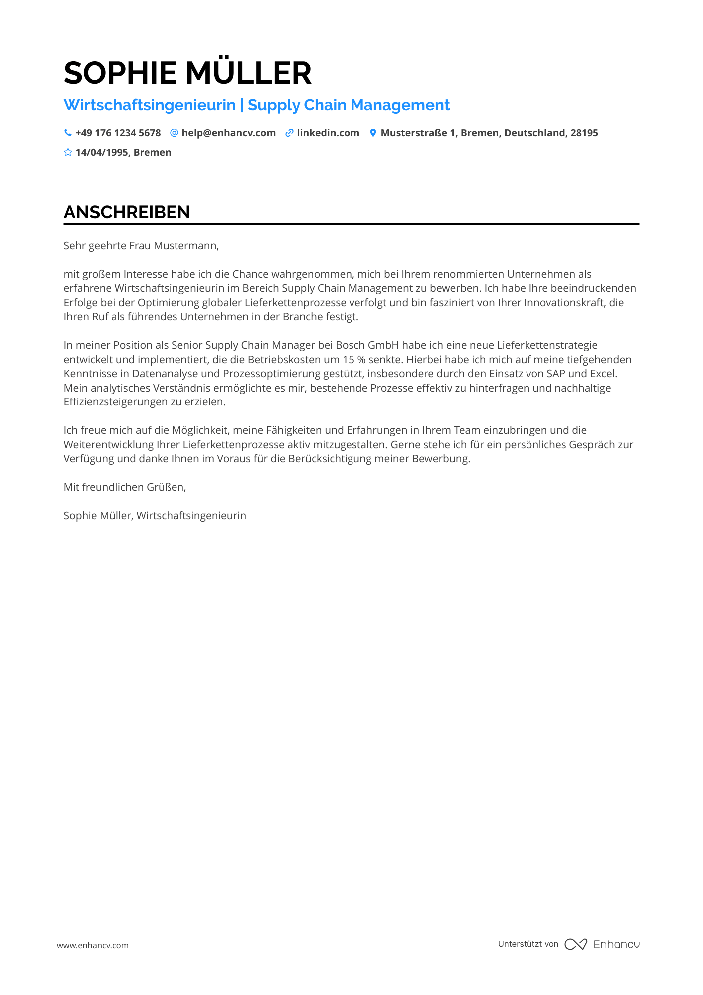 Wirtschaftsingenieur in der Supply Chain Management Resume Example