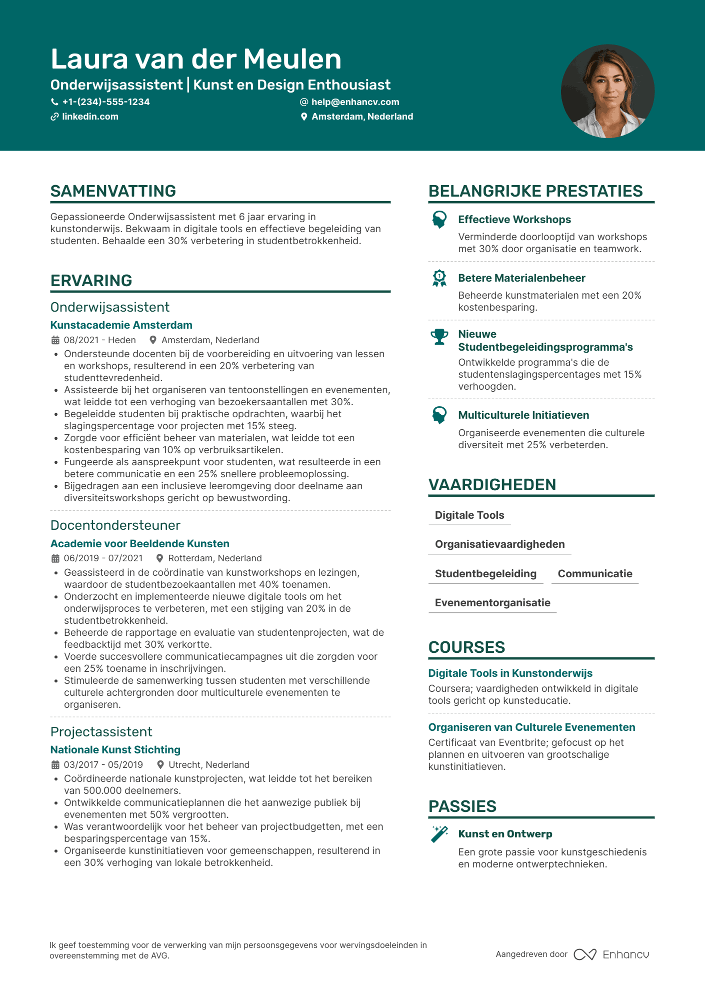 CV voor Onderwijsassistent Kunstacademie Resume Example