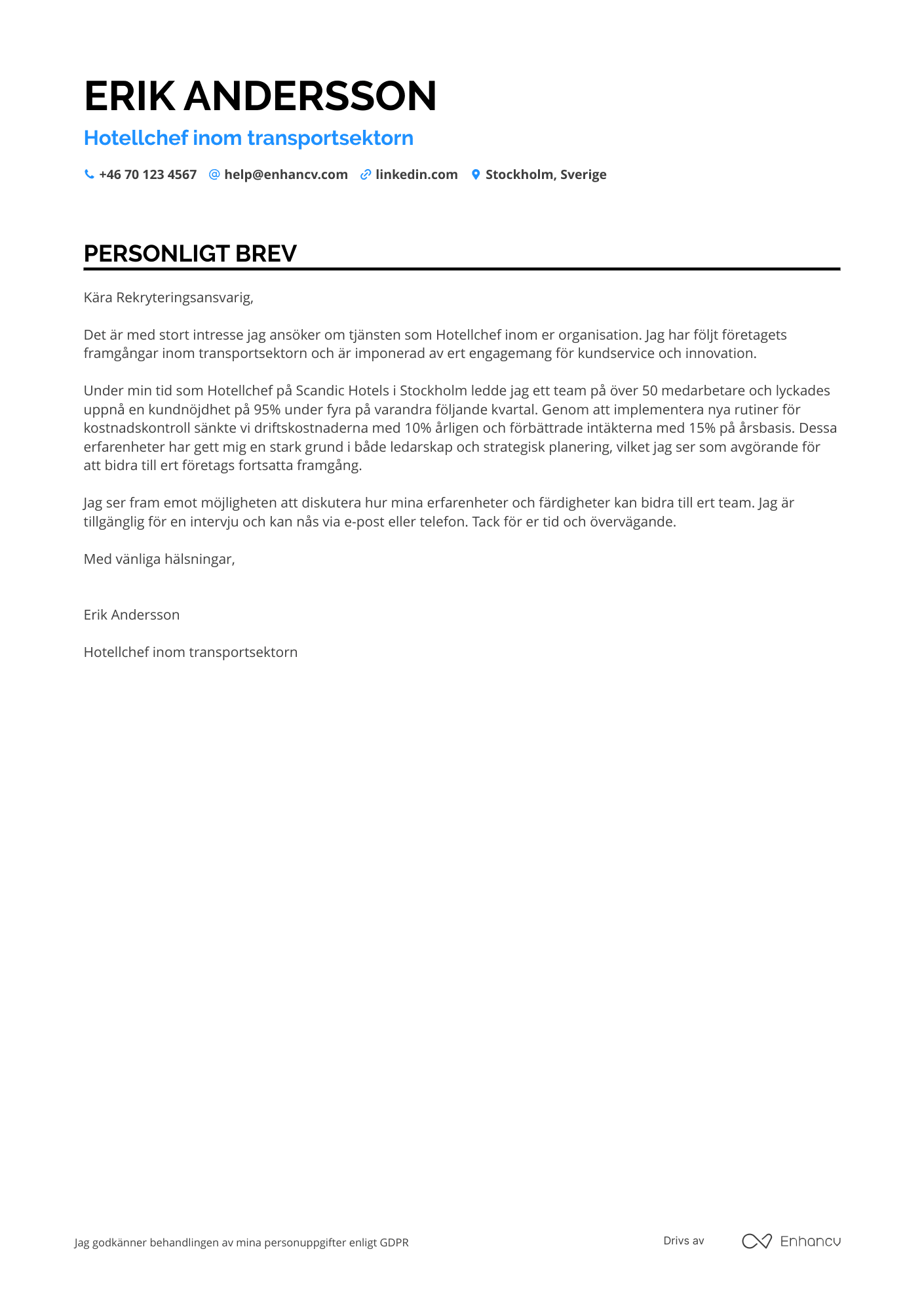 Personligt brev för Hotellchef transportsektor Resume Example