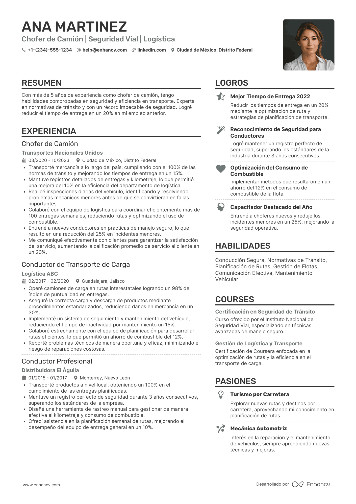 Ejemplo de CV para chofer de camión Resume Example