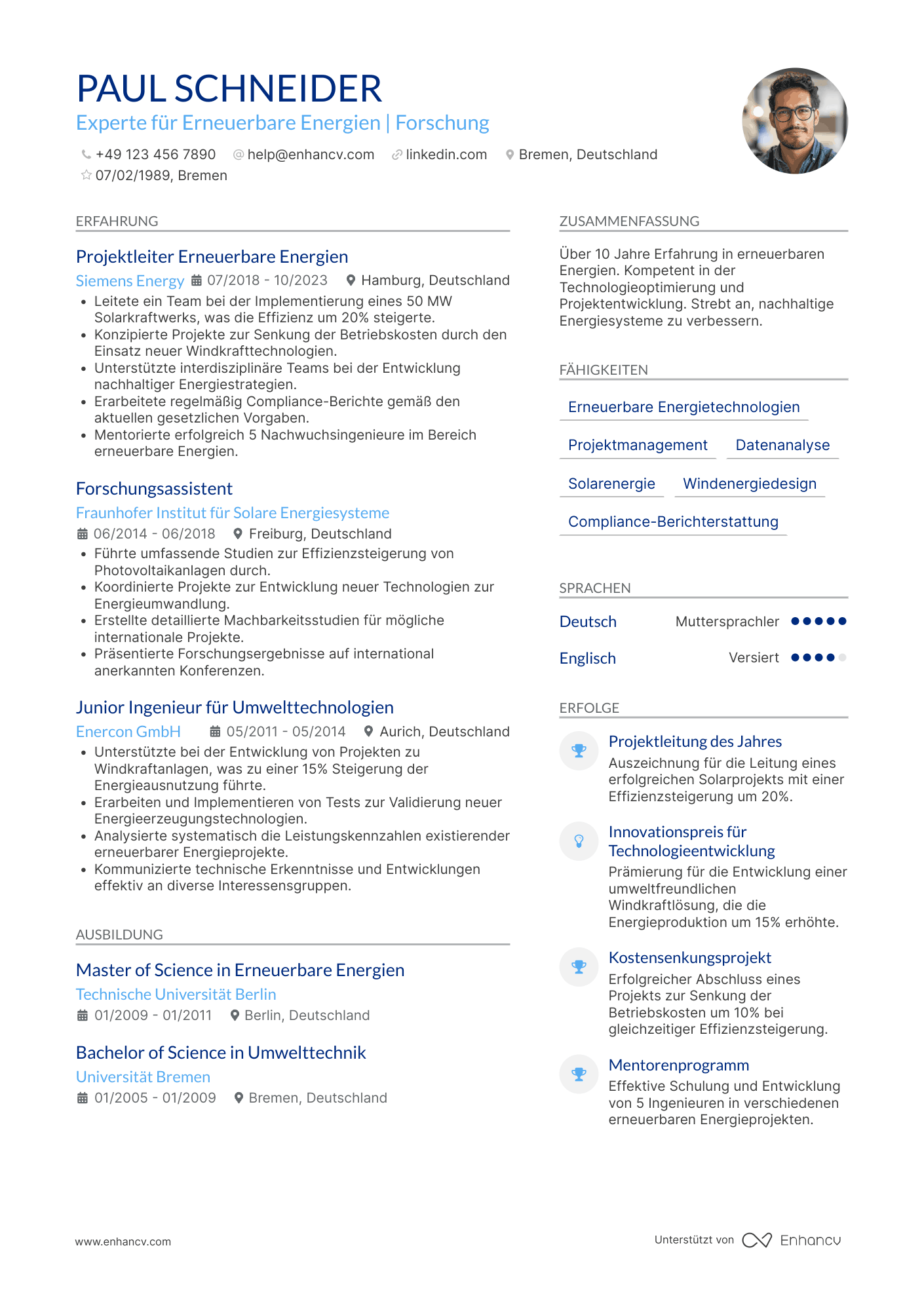 Lebenslauf in Akademiker im Bereich Erneuerbare Energien Resume Example