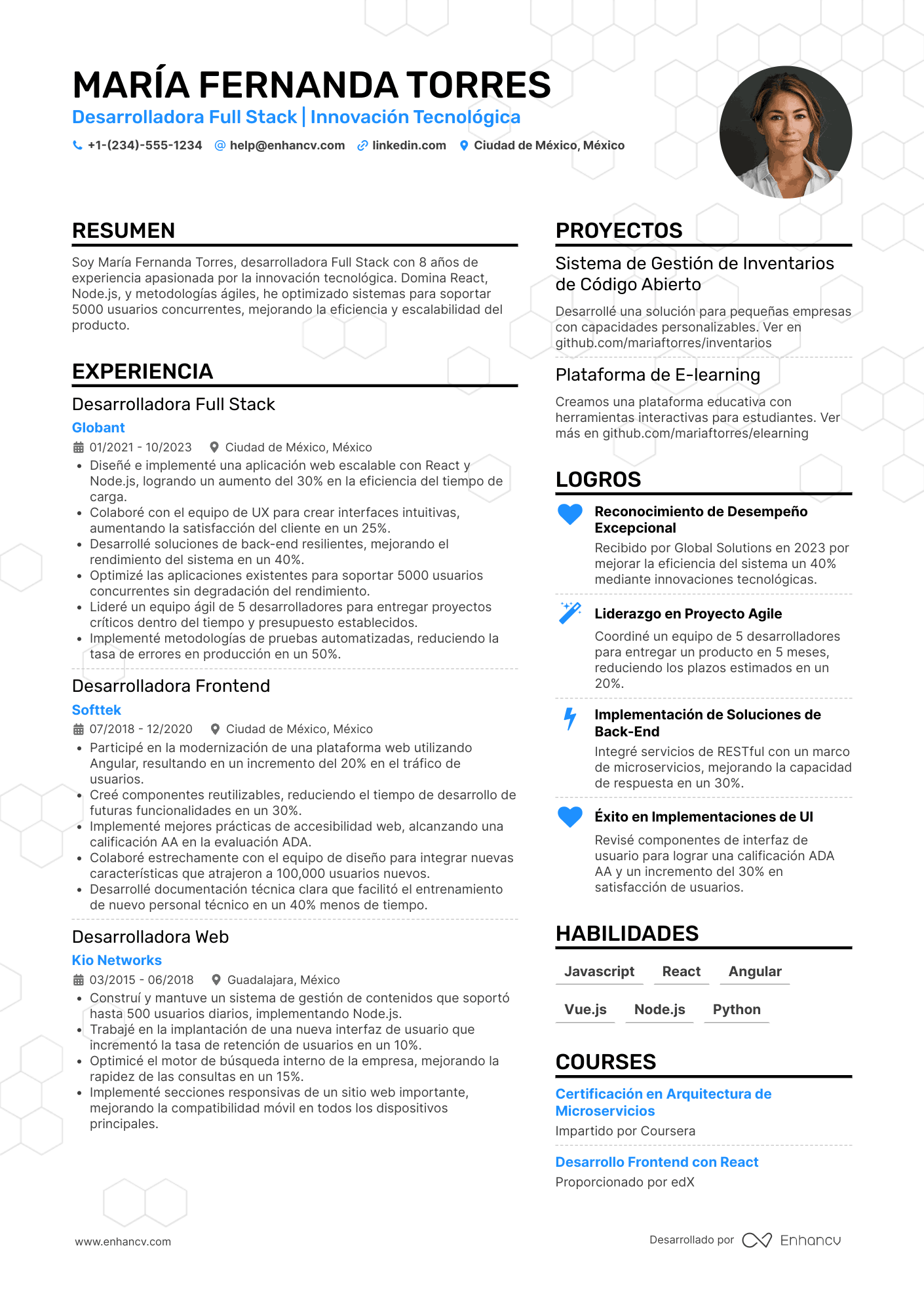 Currículum para programador Full Stack Resume Example