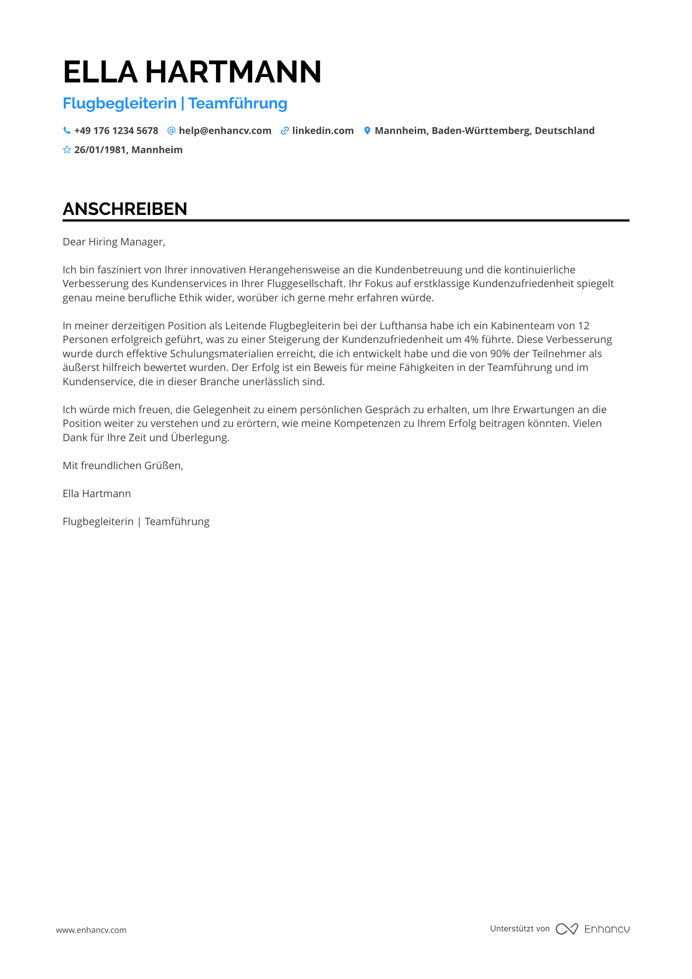 Flugbegleiter mit Führungserfahrung Resume Example