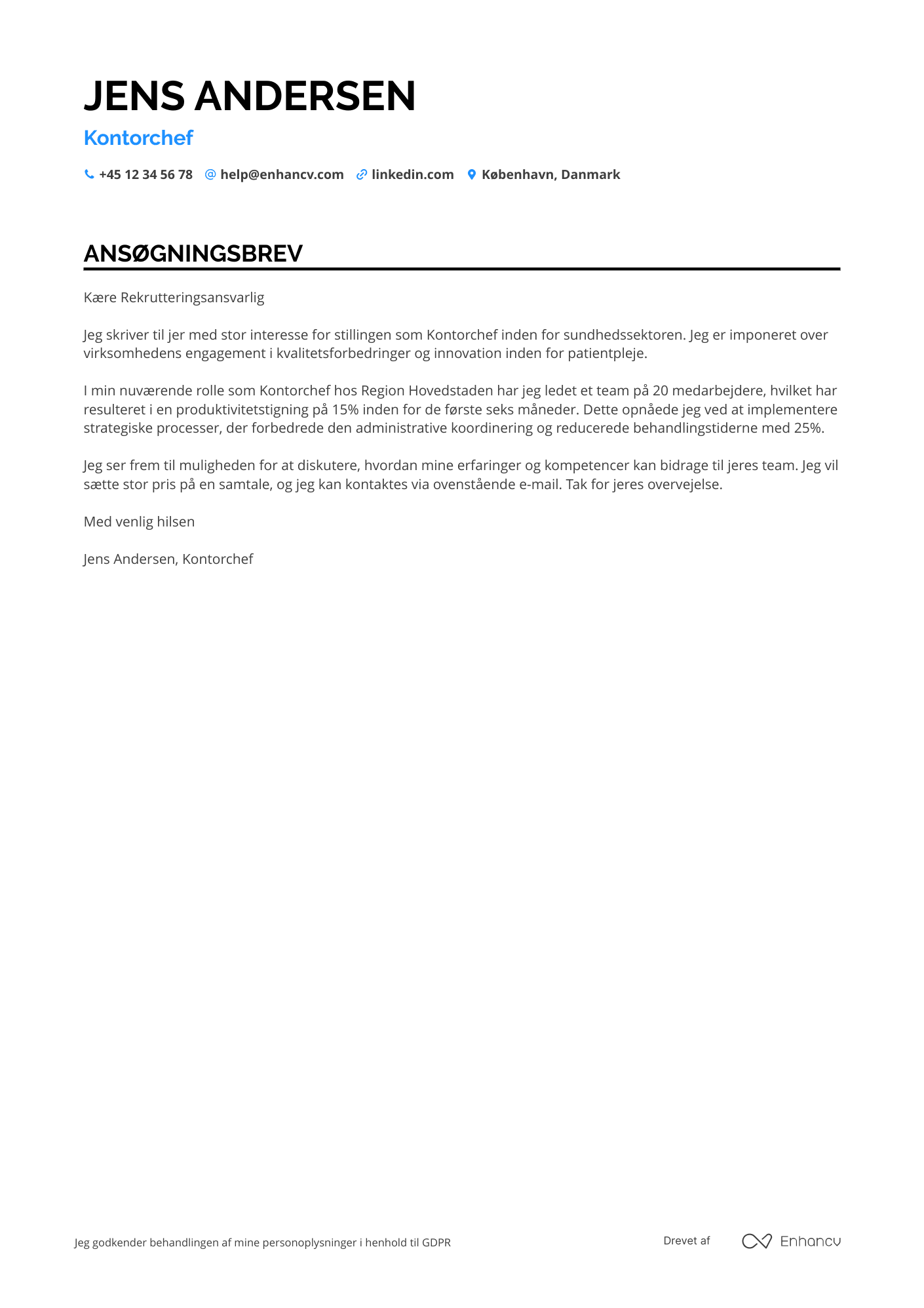 Ansøgningsbrev til Kontorchef i sundhedssektoren Resume Example
