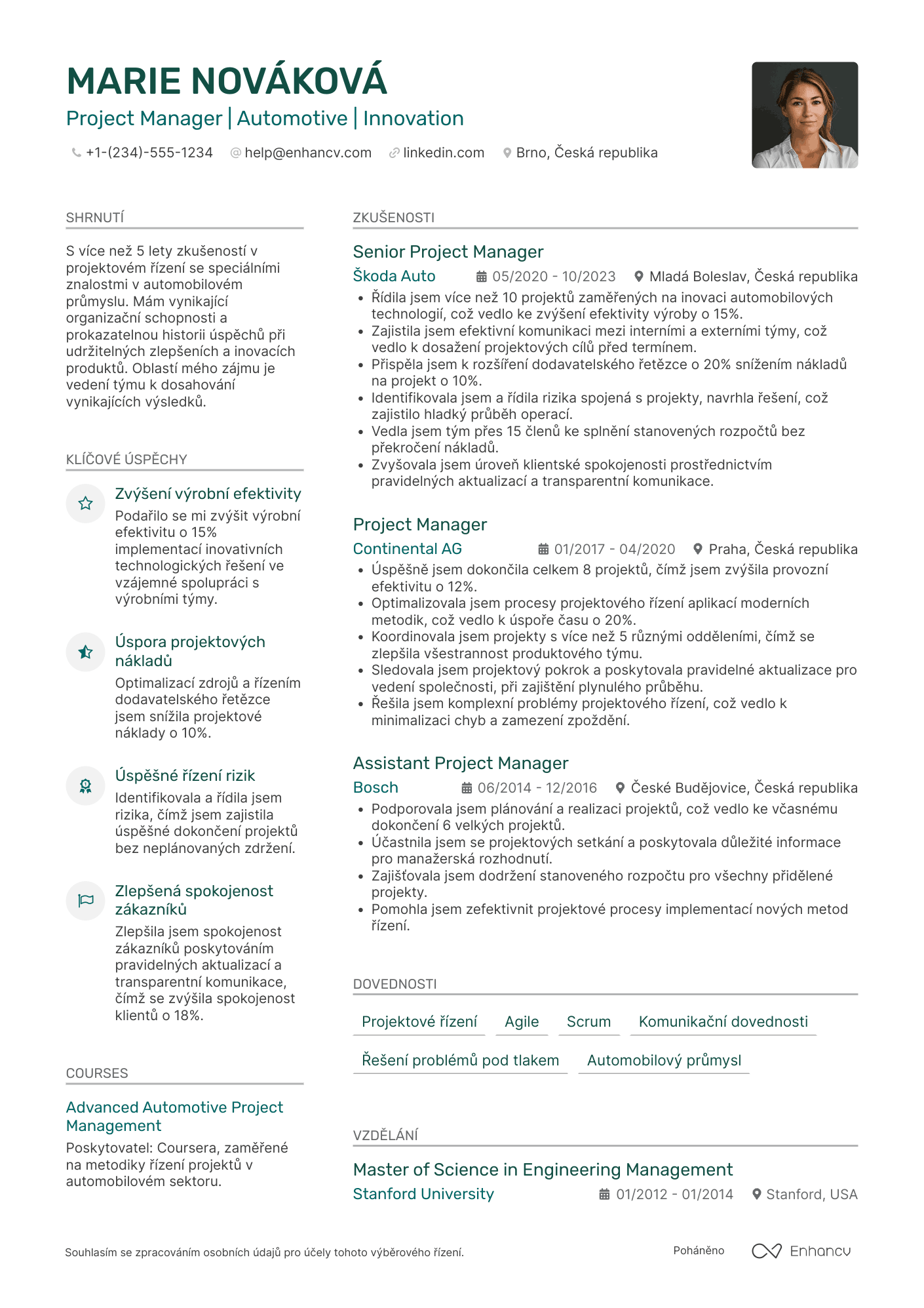 Životopis pro Vedoucí projektu v automobilovém průmyslu Resume Example