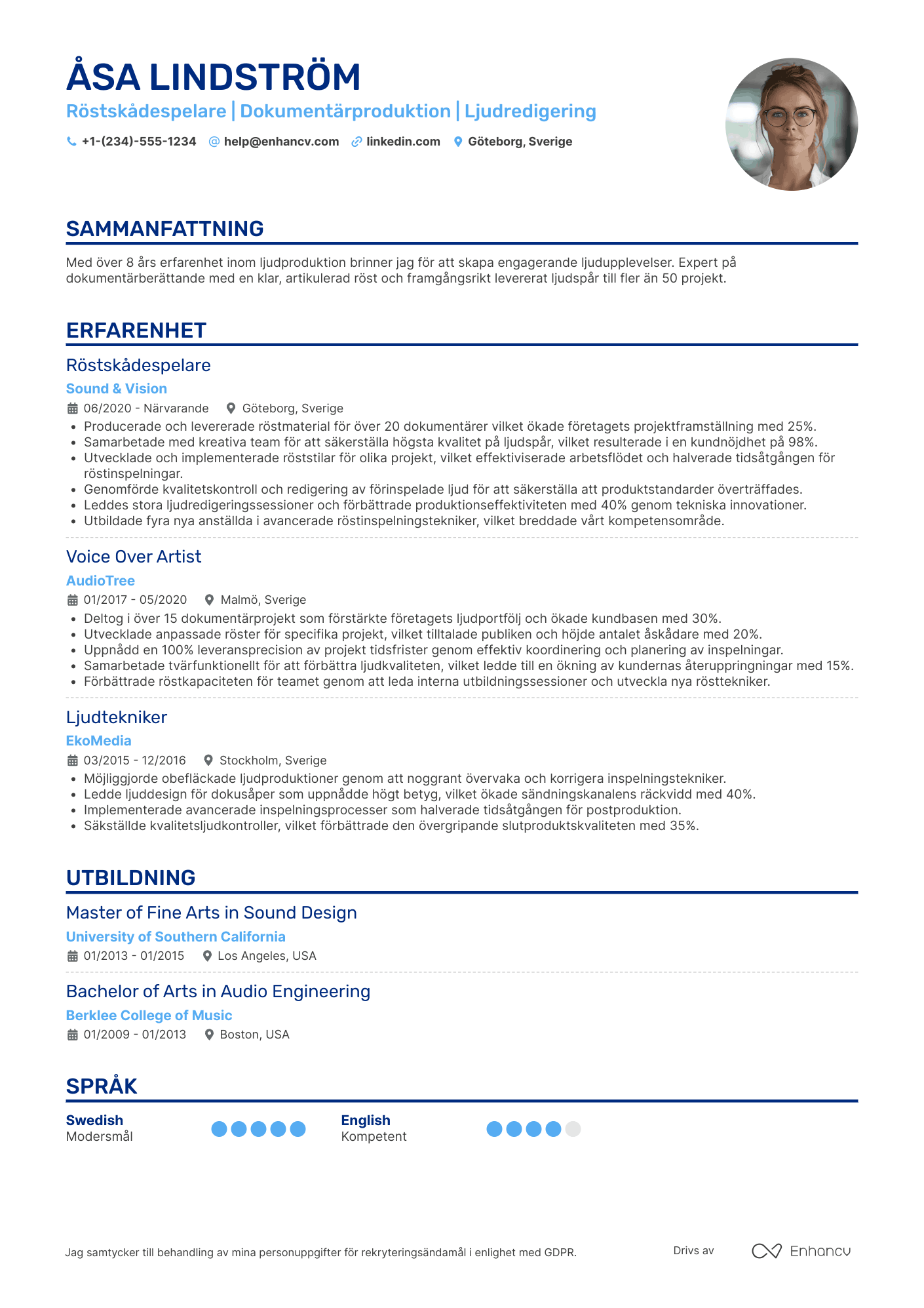 CV för Röstskådespelare för dokumentärer Resume Example