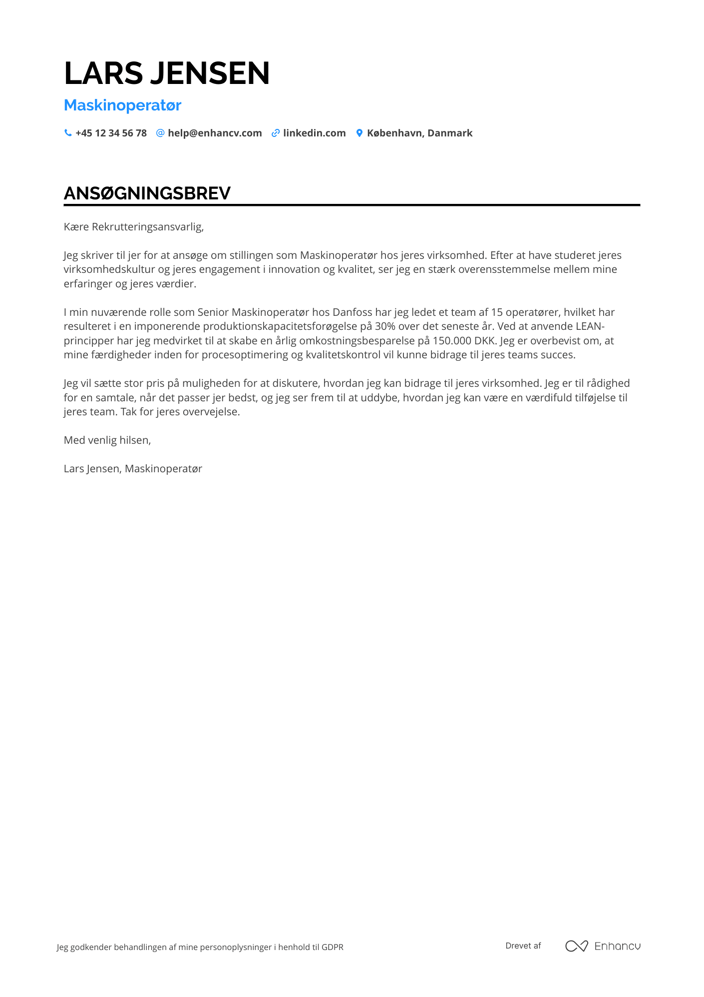 Ansøgningsbrev til Maskinoperatør Resume Example