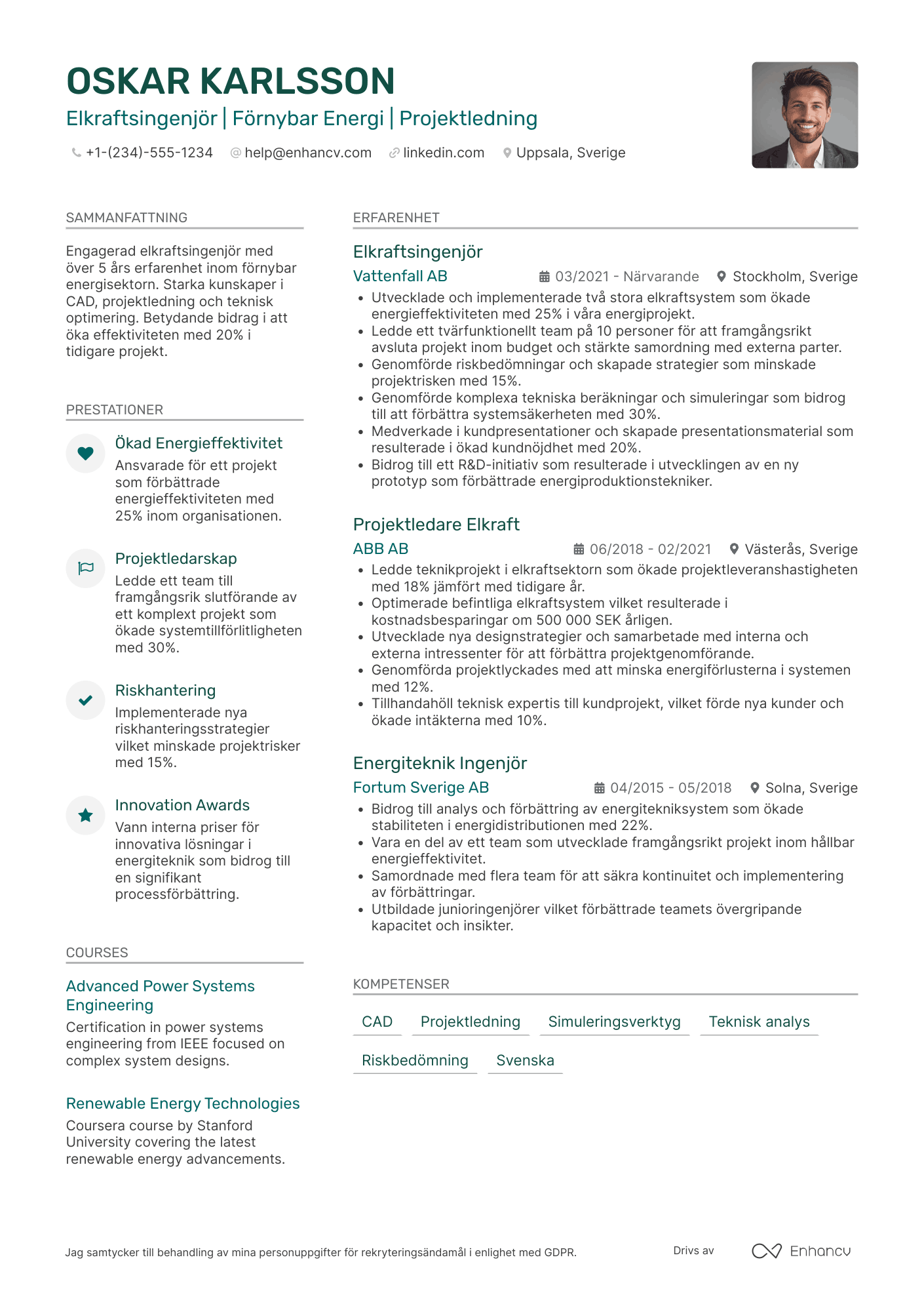 CV för Elkraftsingenjör Resume Example
