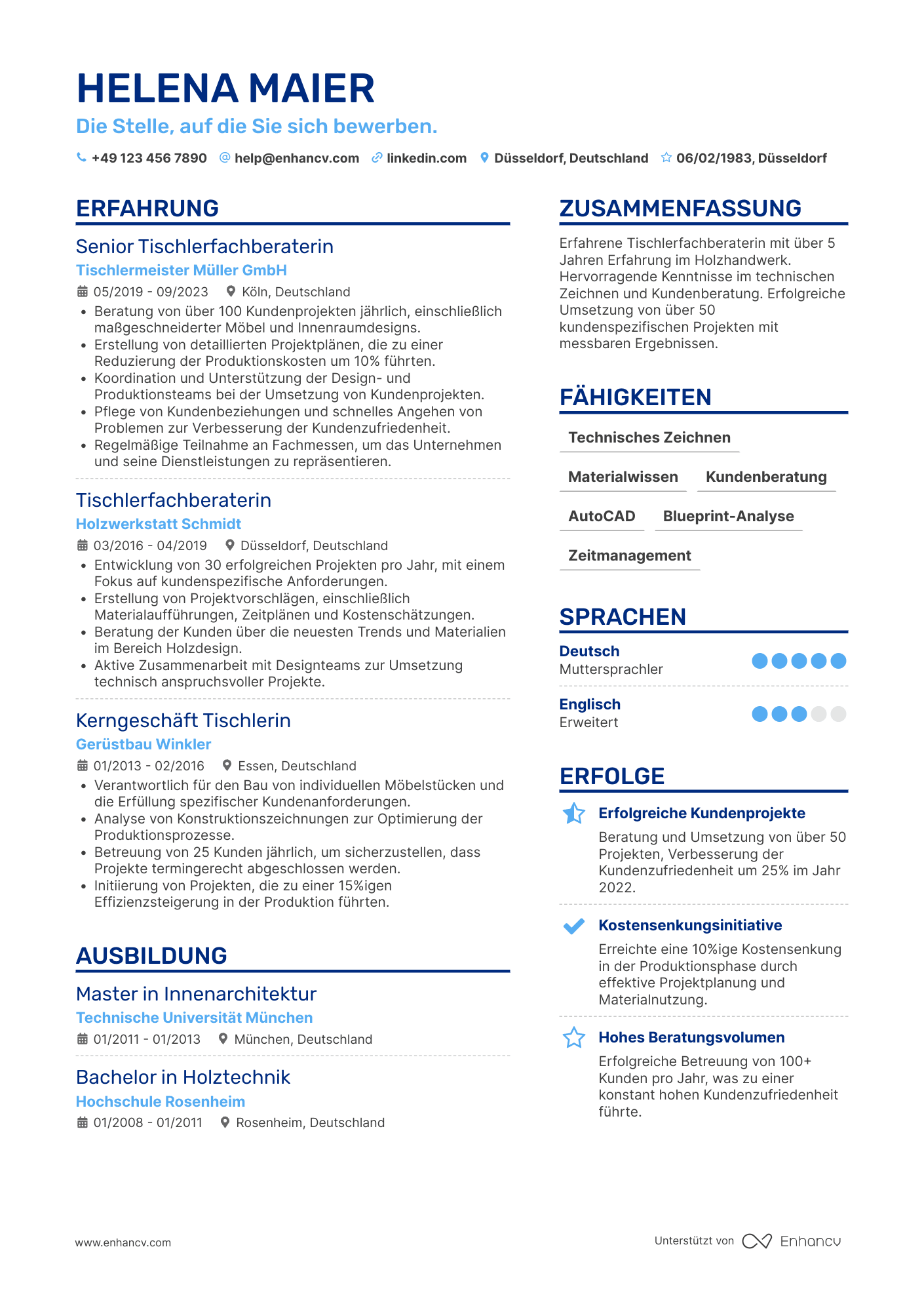 Lebenslauf als Tischlerfachberater Resume Example