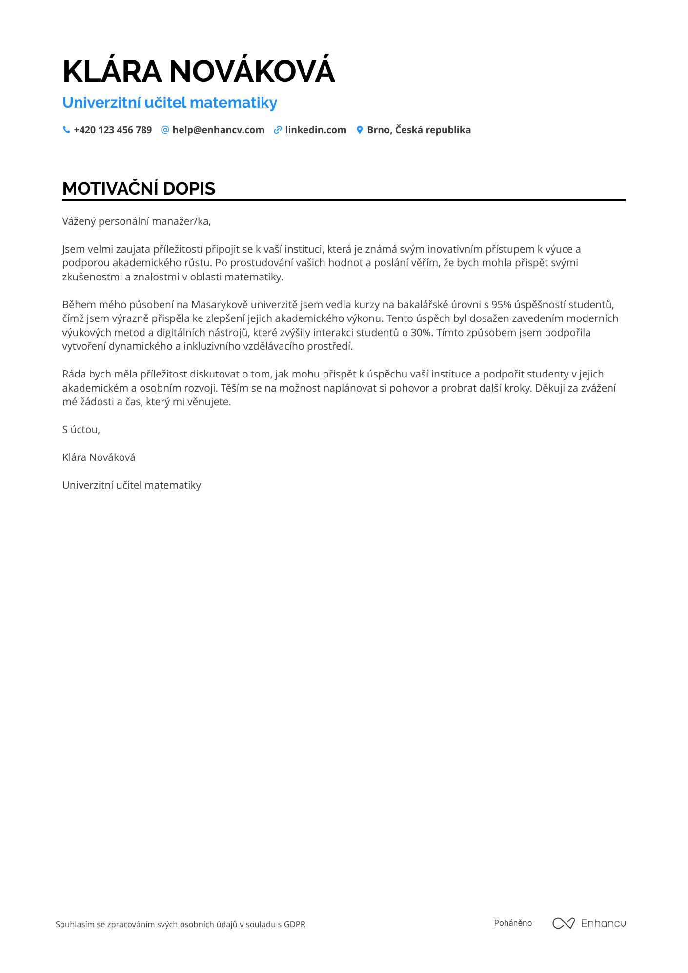 Motivační dopis pro Učitel matematiky na univerzitě Resume Example