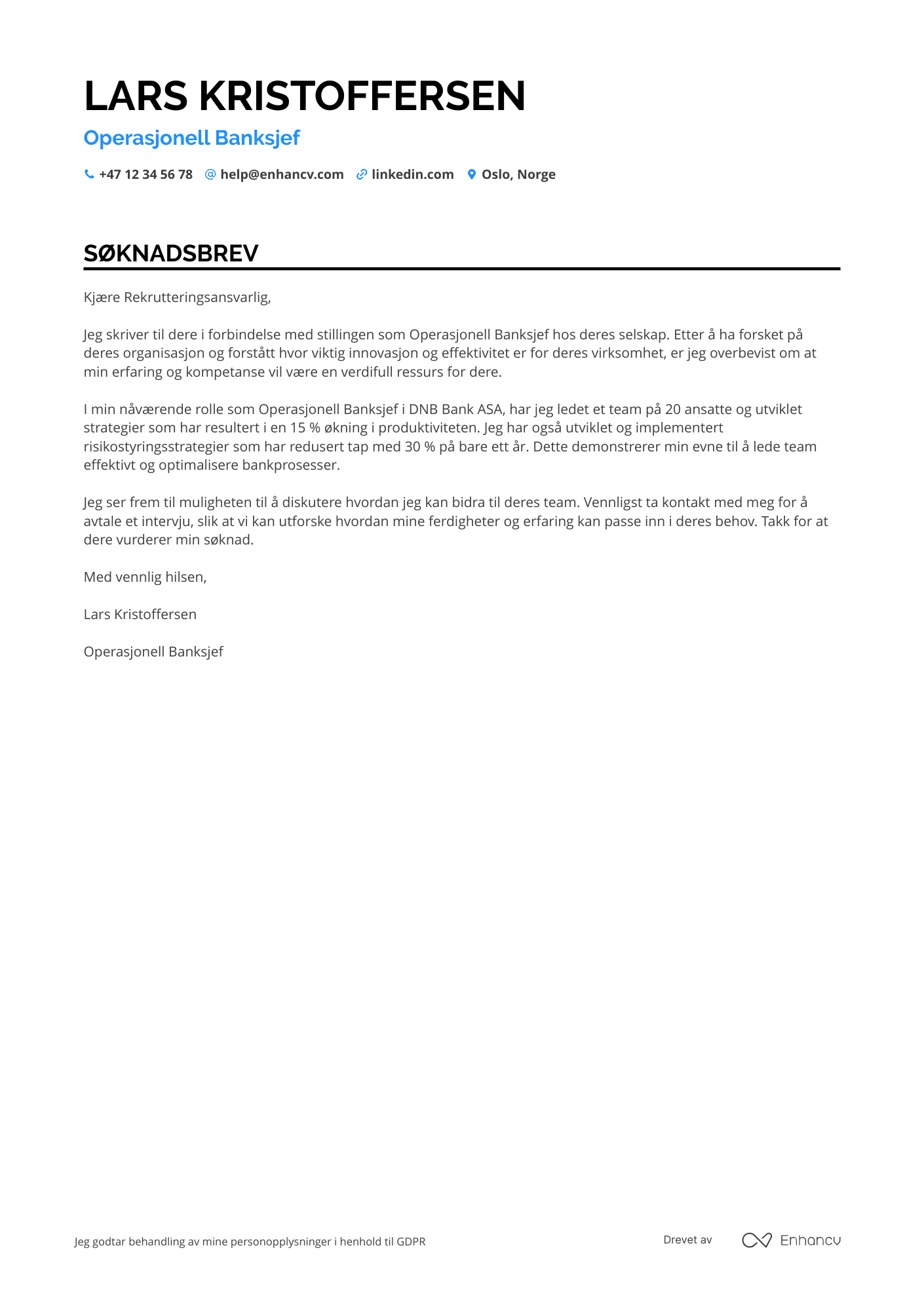 Søknadsbrev for Operasjonell Banksjef Resume Example