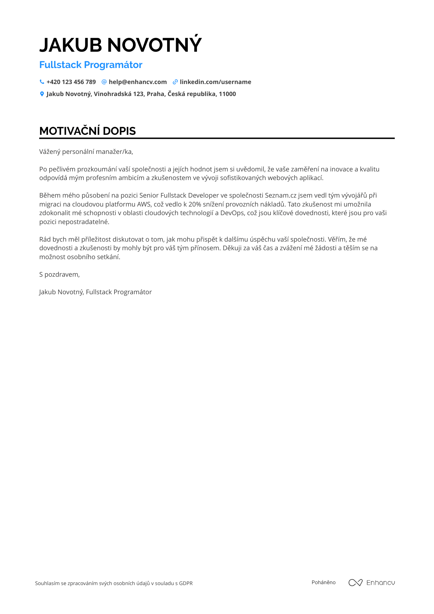 Motivační dopis pro Fullstack Programátor Resume Example
