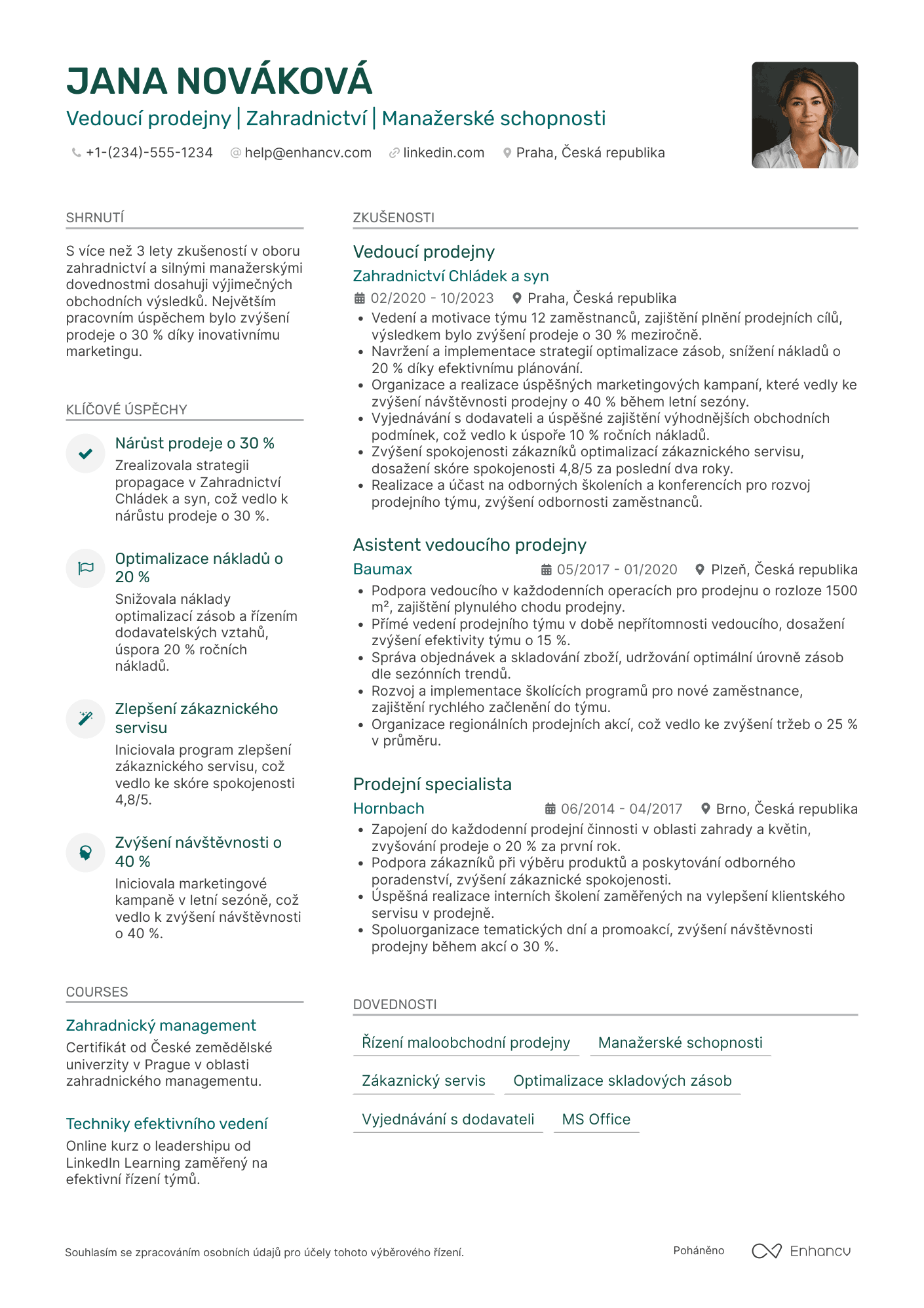 Životopis pro Vedoucí prodejny zahradního centra Resume Example