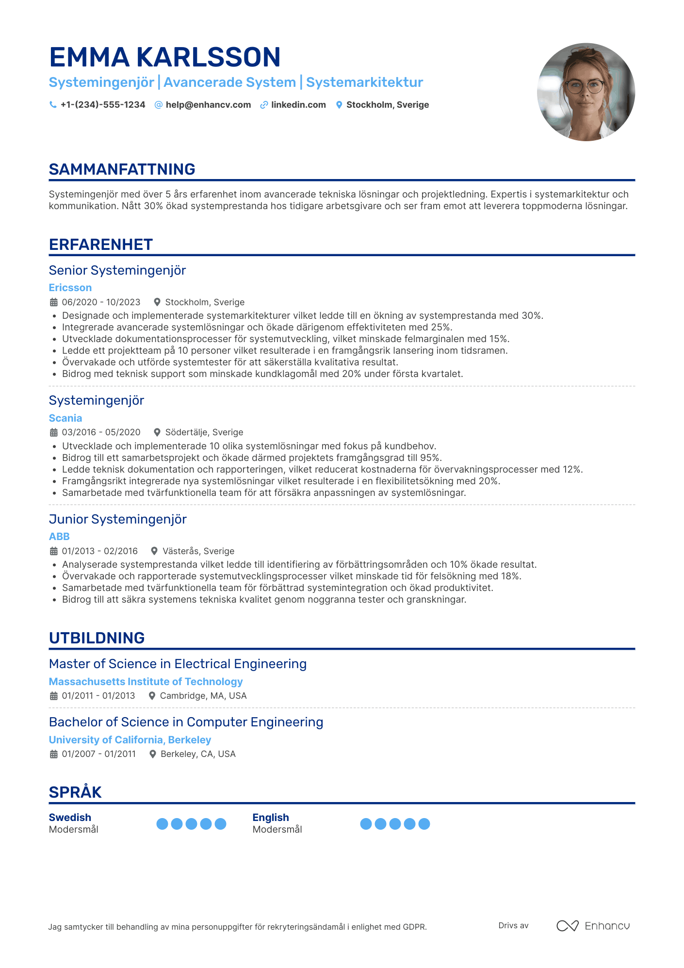 CV för Systemingenjör för avancerade system Resume Example