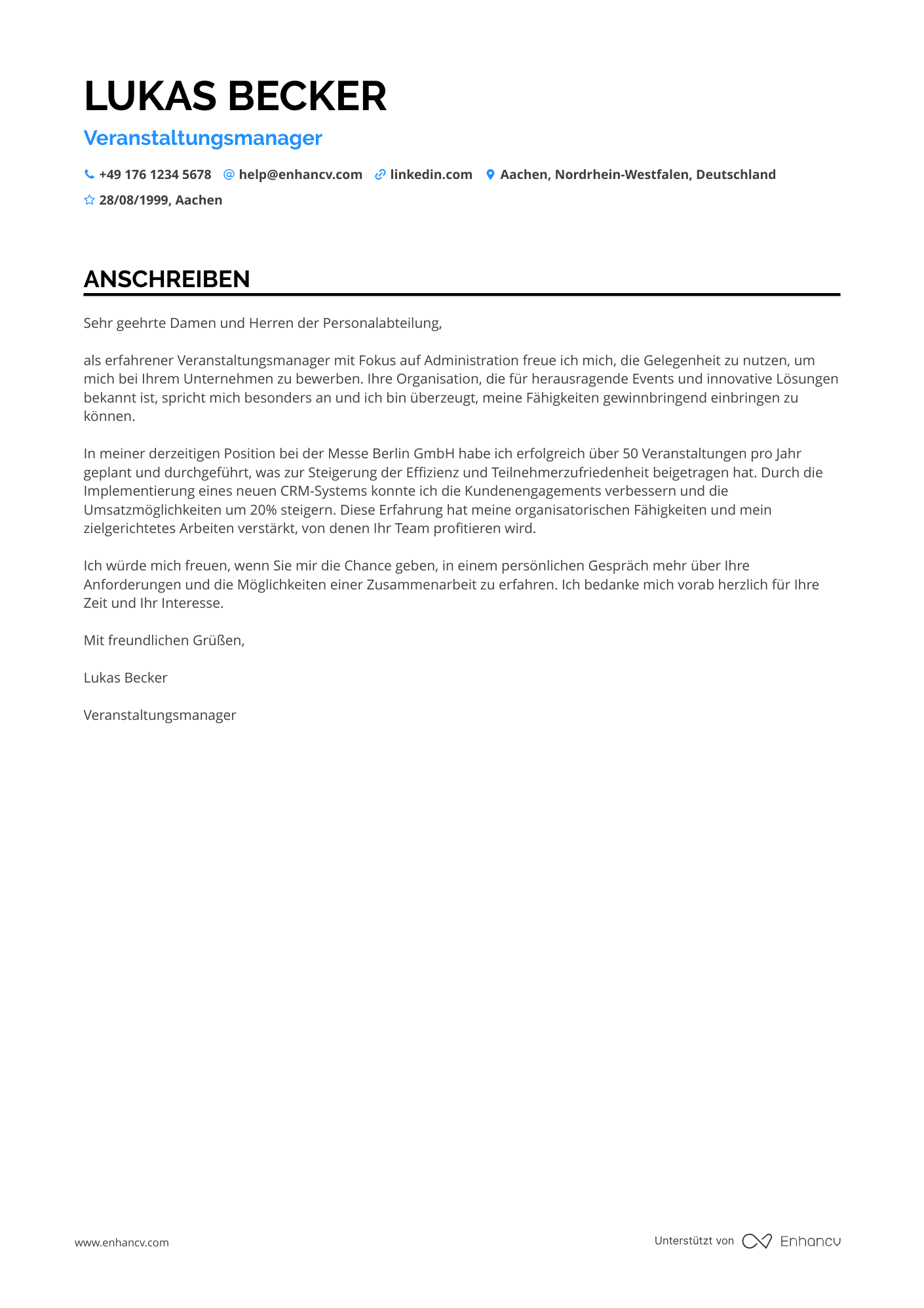 Rezeptionistin für Veranstaltungsmanagement Resume Example
