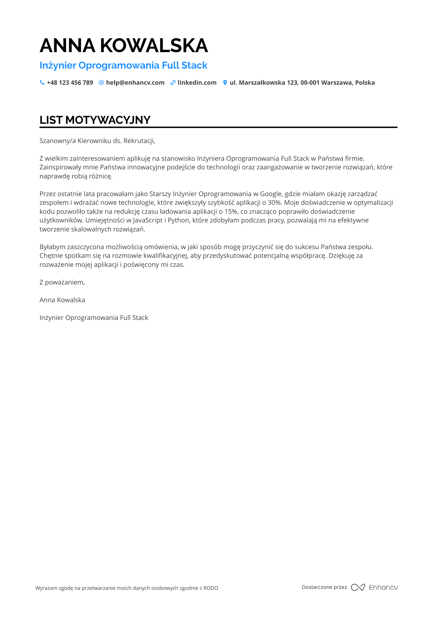 List motywacyjny dla Full Stack Software Engineer Resume Example