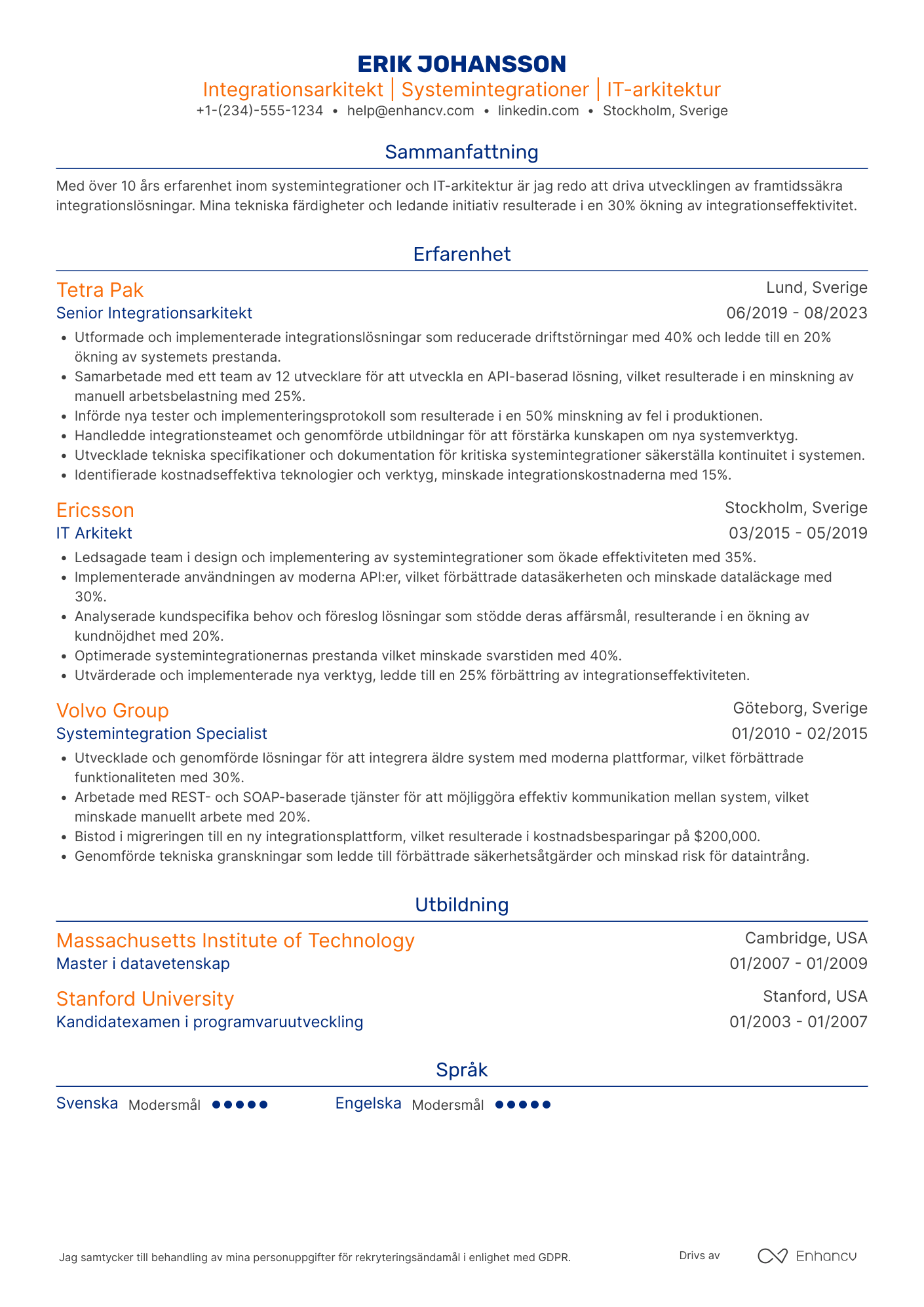 CV för Integrationsarkitekt Resume Example