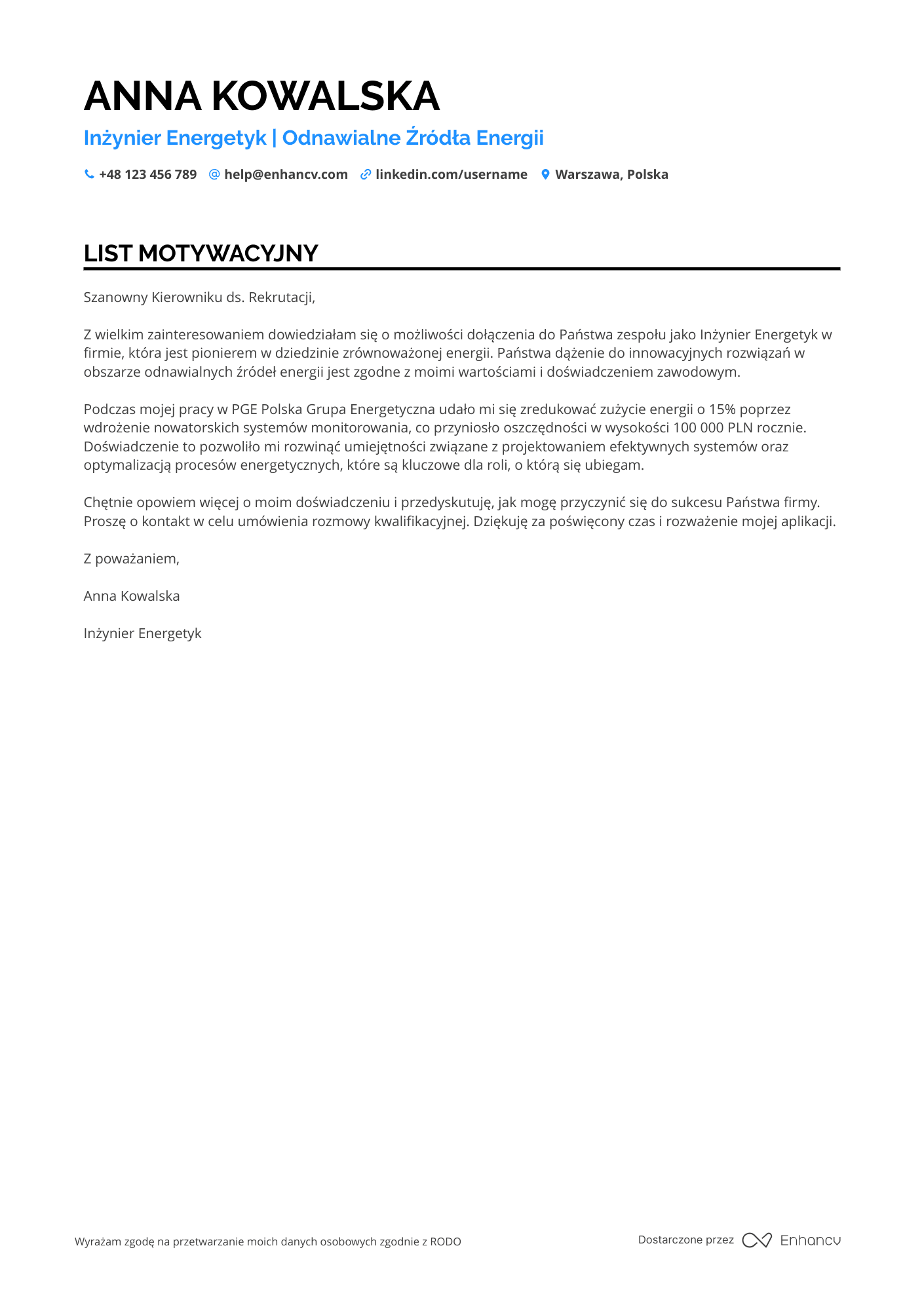 List motywacyjny dla Inżynier Energetyki Resume Example