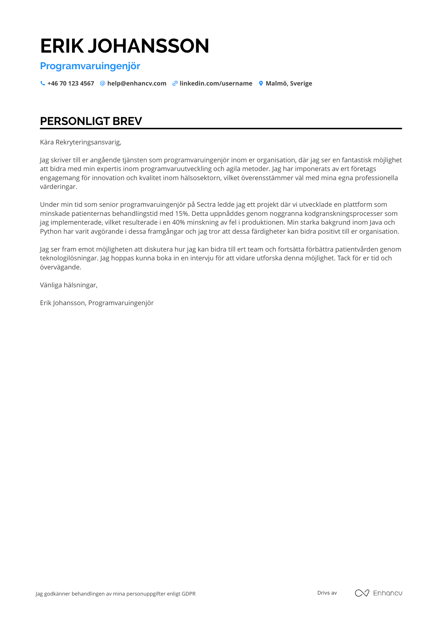 Personligt brev för Programvaruingenjör inom healthcare Resume Example