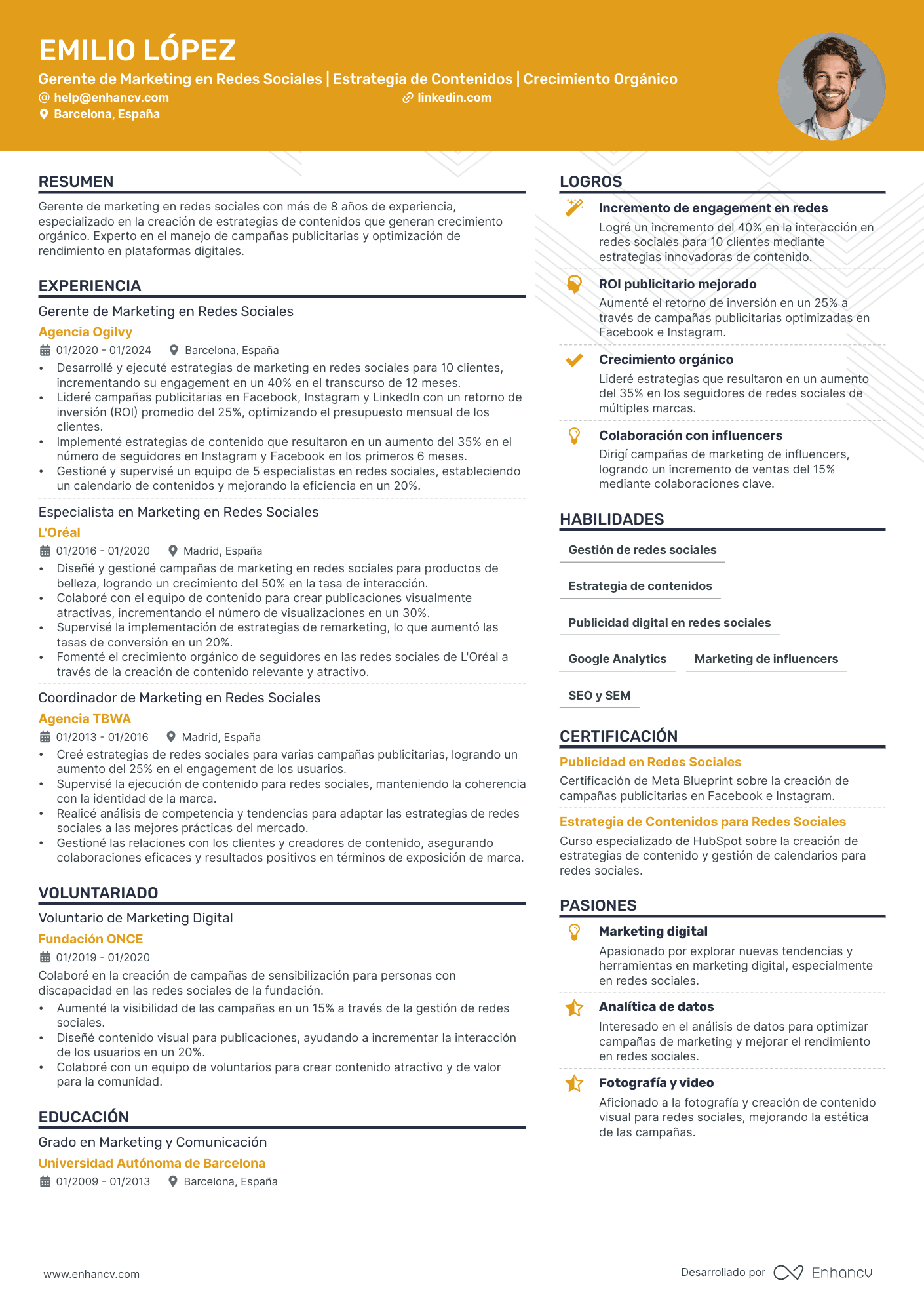 Social Media Marketing CV Resume Example