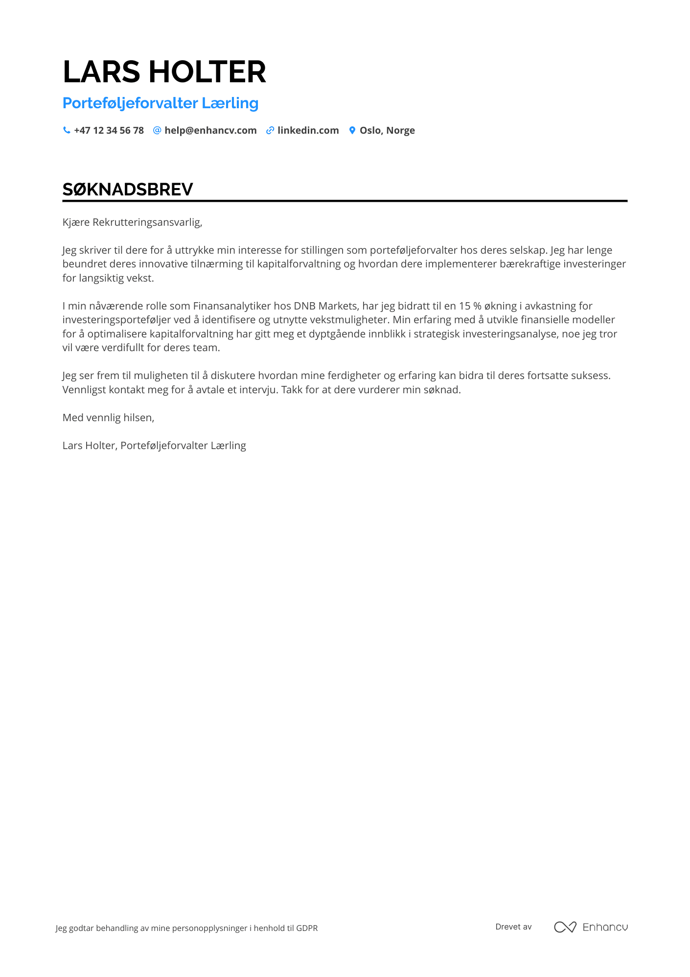 Søknadsbrev for Porteføljeforvalter Lærling Resume Example