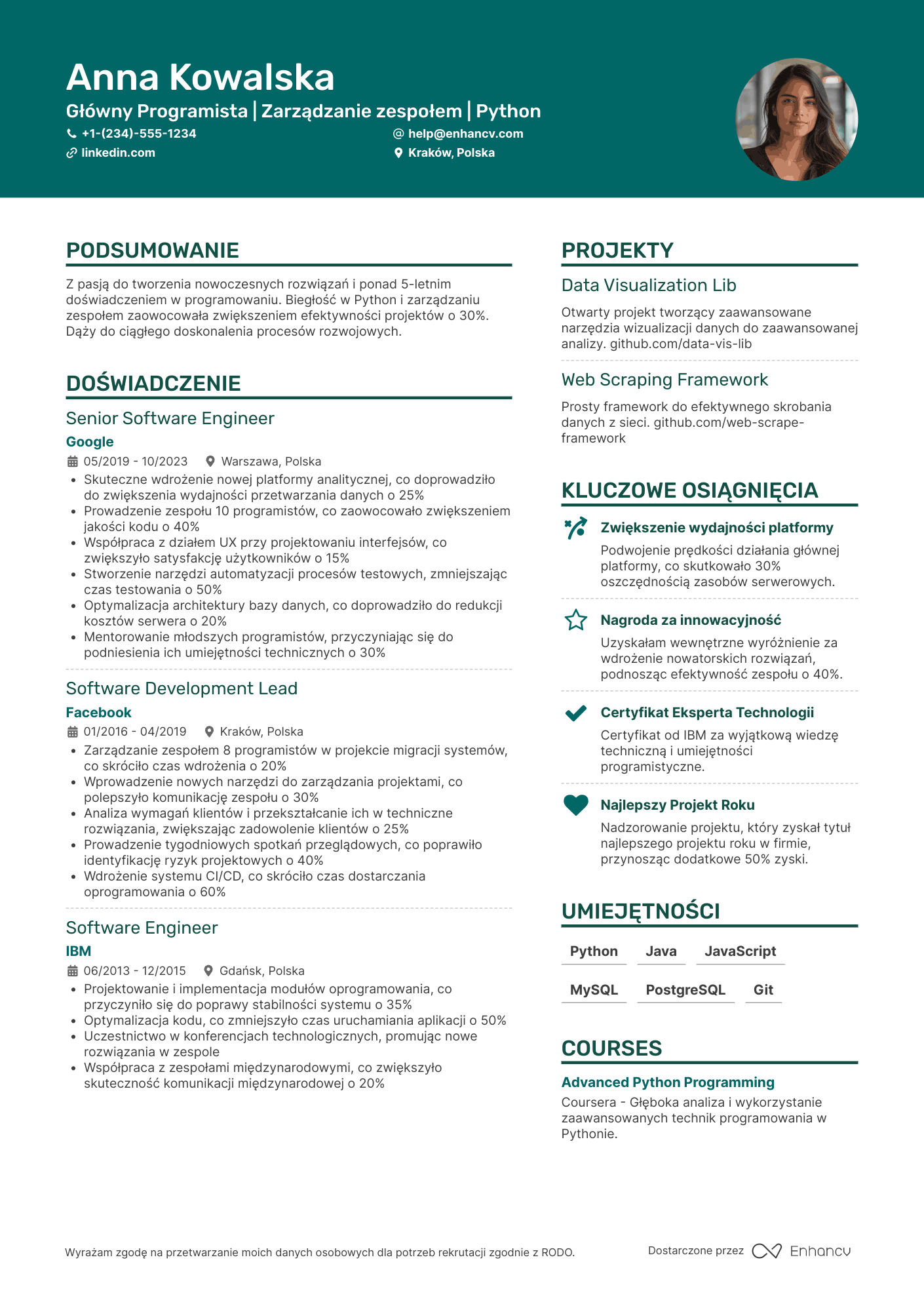 CV dla Główny Programista Resume Example