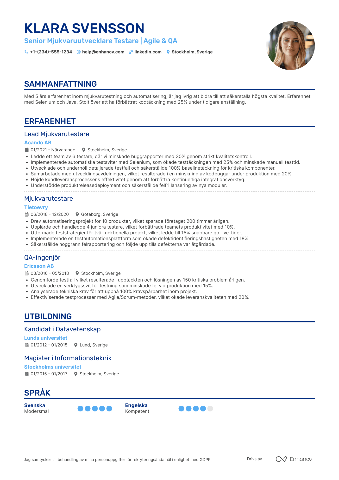 CV för Mjukvaruutvecklare Testare Resume Example