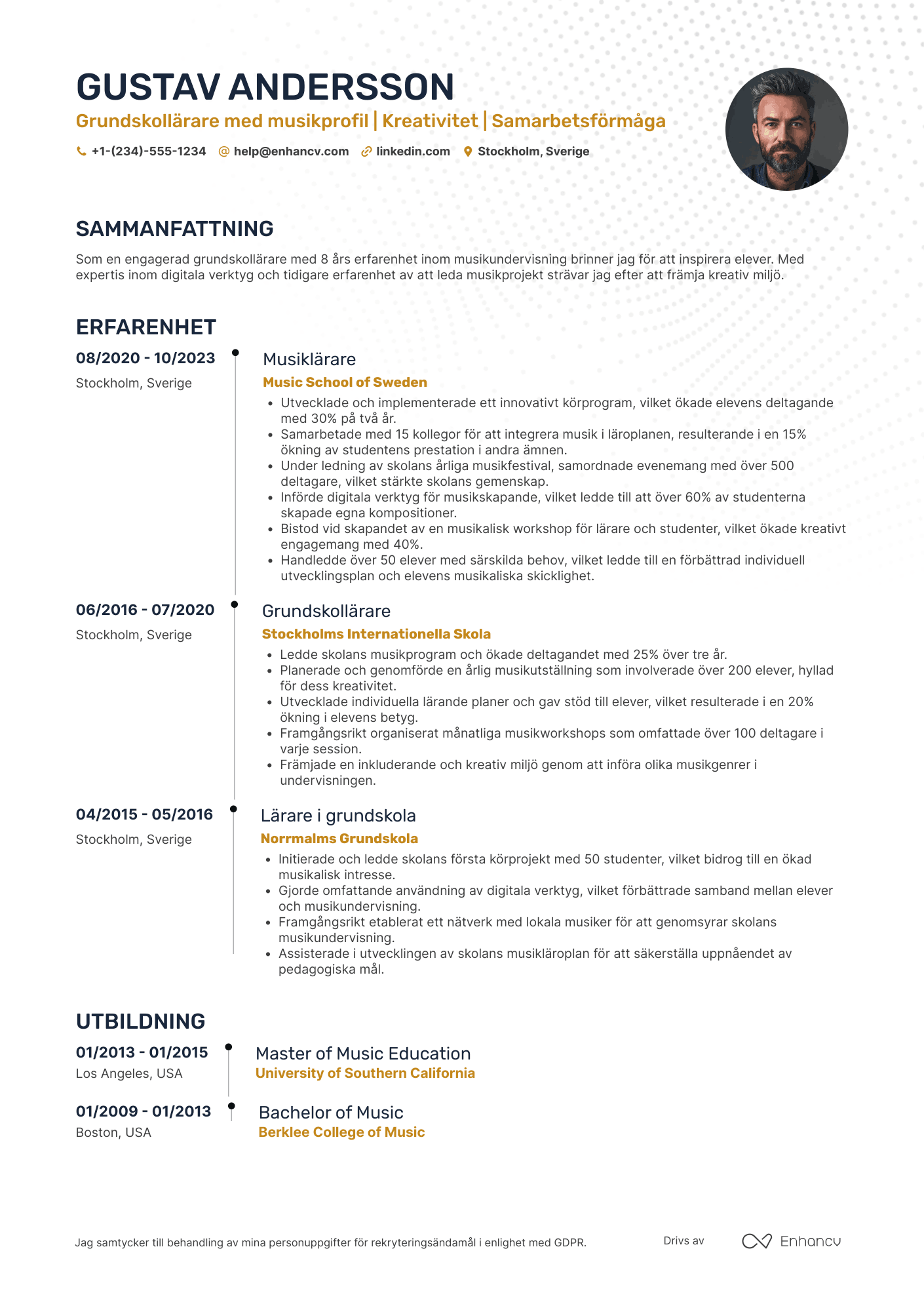 CV för Grundskollärare med musikprofil Resume Example