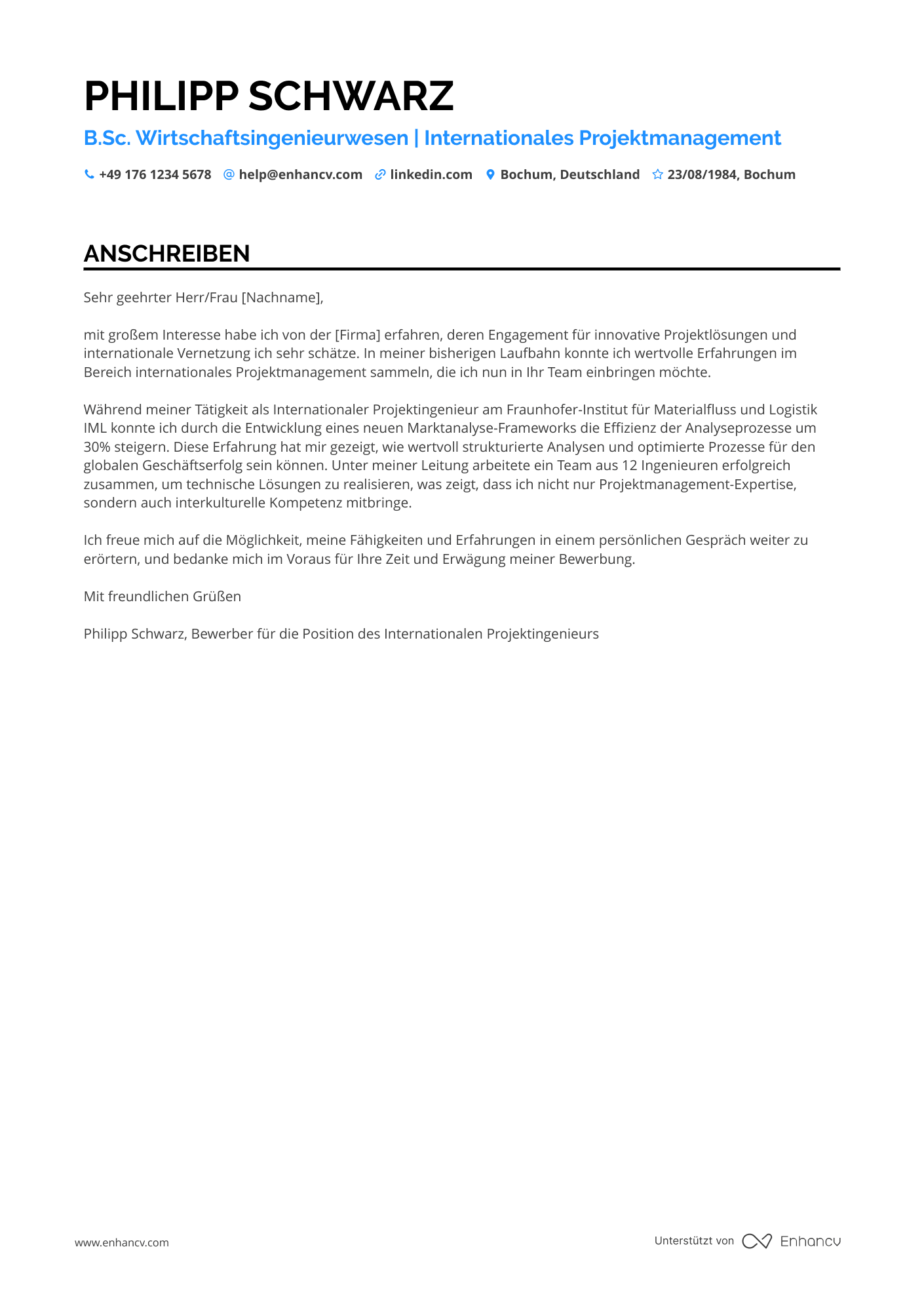 Wirtschaftsingenieur mit internationaler Erfahrung Resume Example