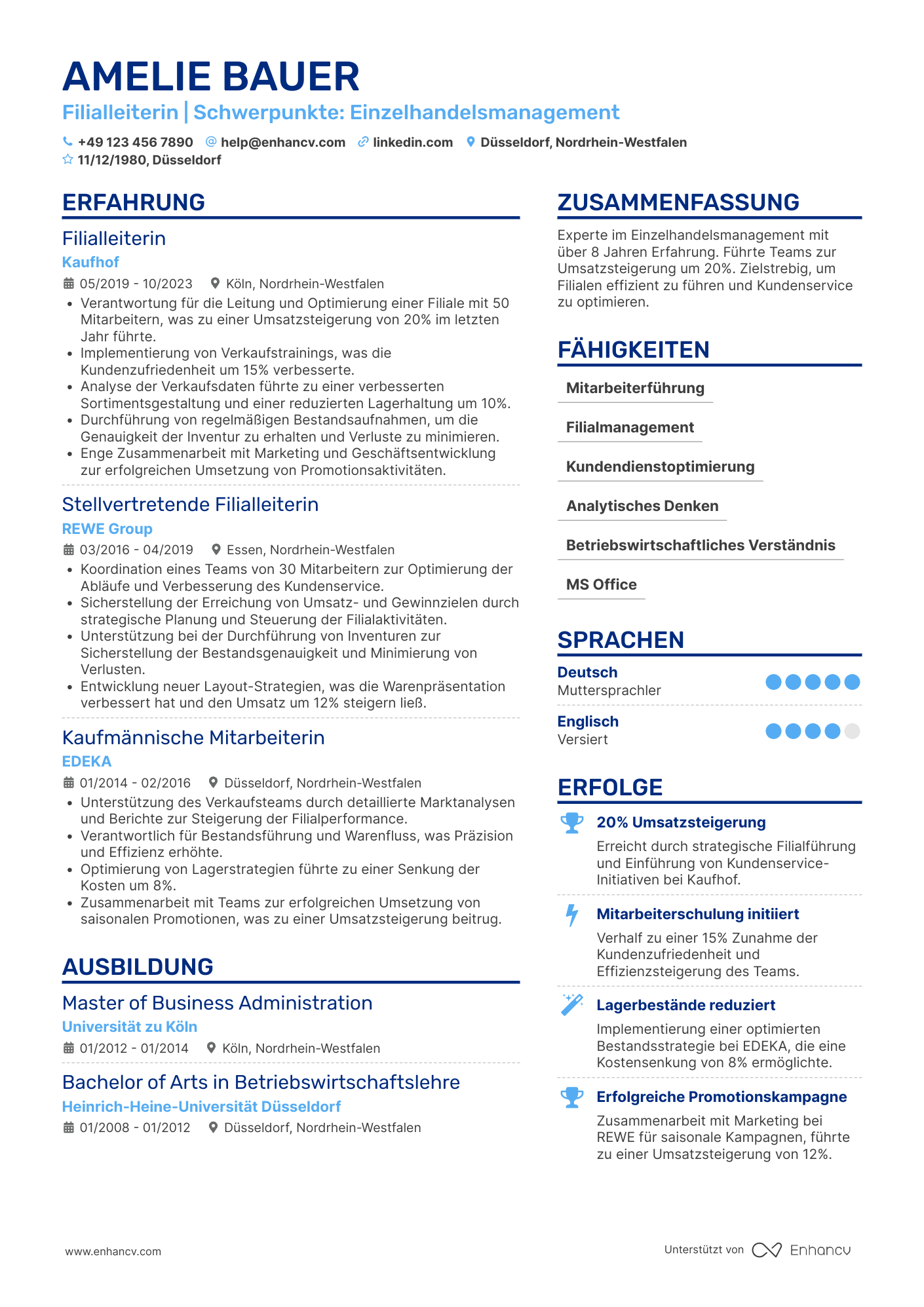 Lebenslauf als Erfahrener Einzelhandelsleiter Resume Example