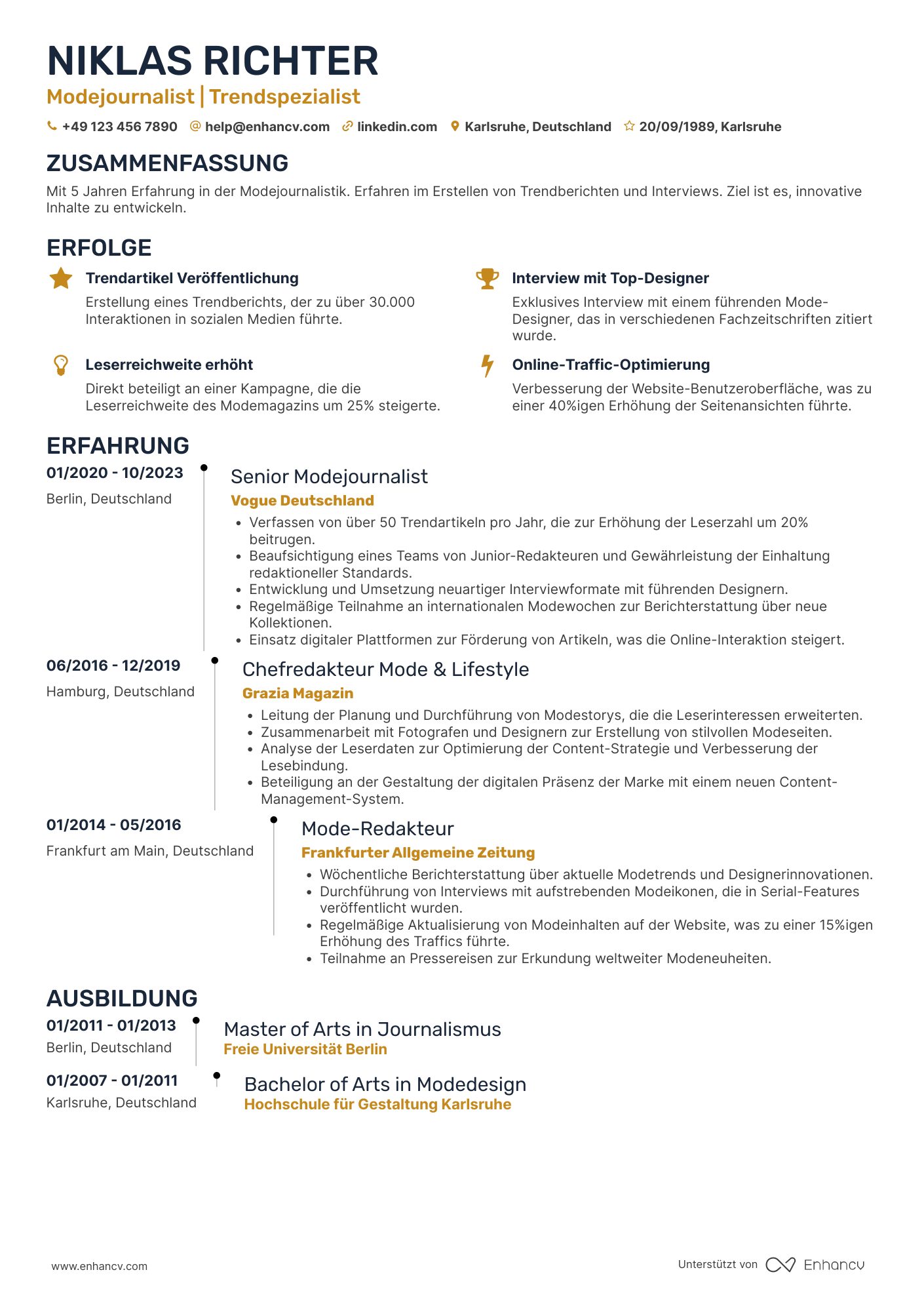 Lebenslauf als Modejournalist Resume Example