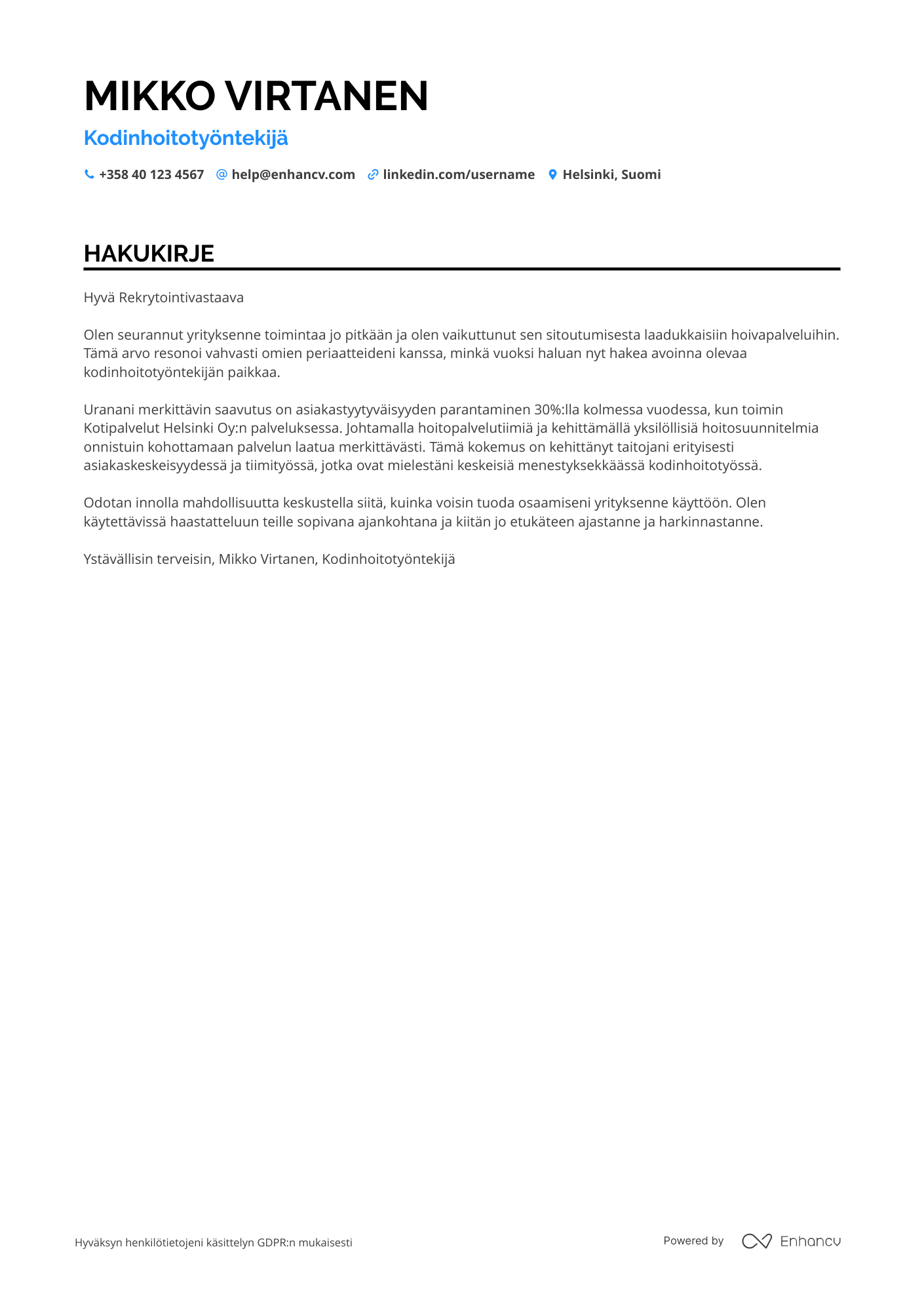Hakukirje Kodinhoito kotipalvelutyöntekijä Resume Example