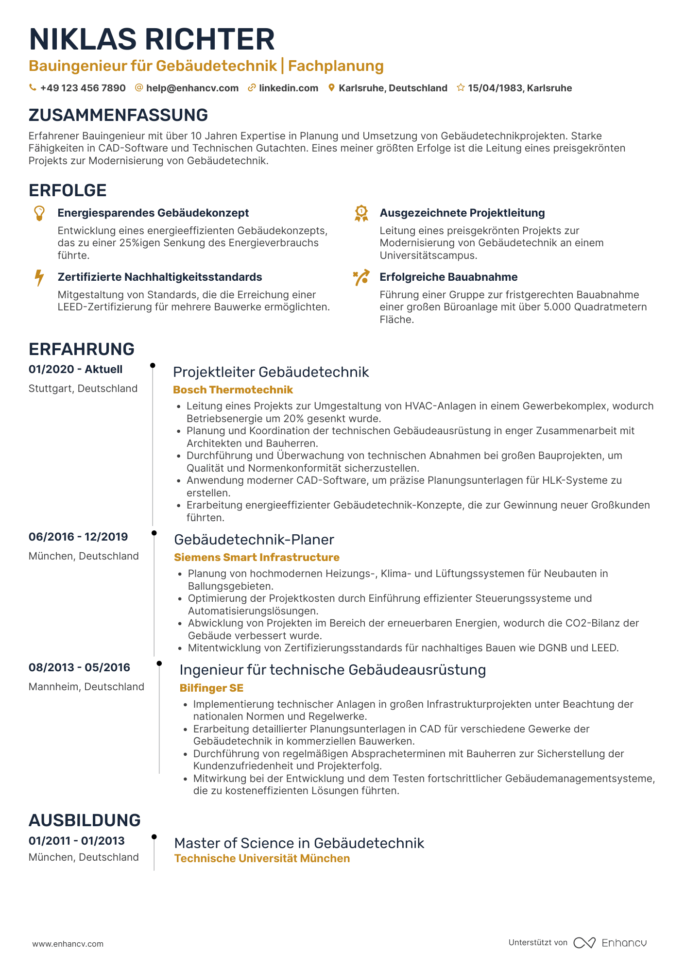 Lebenslauf als Bauingenieur für Gebäudetechnik Resume Example