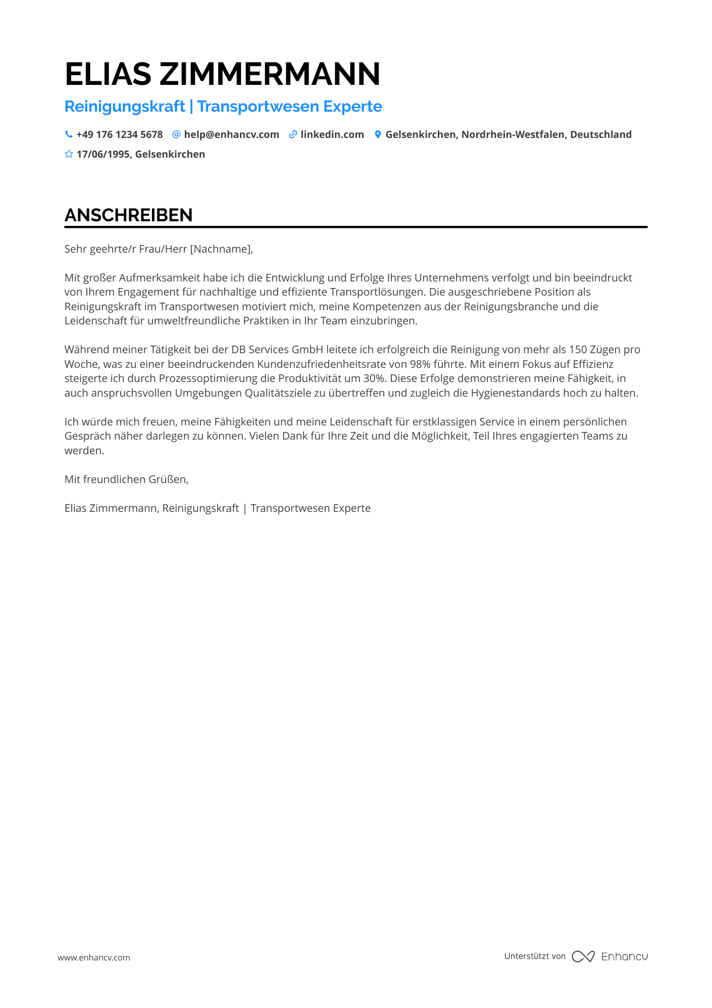 Reinigungskraft für Transportwesen Resume Example