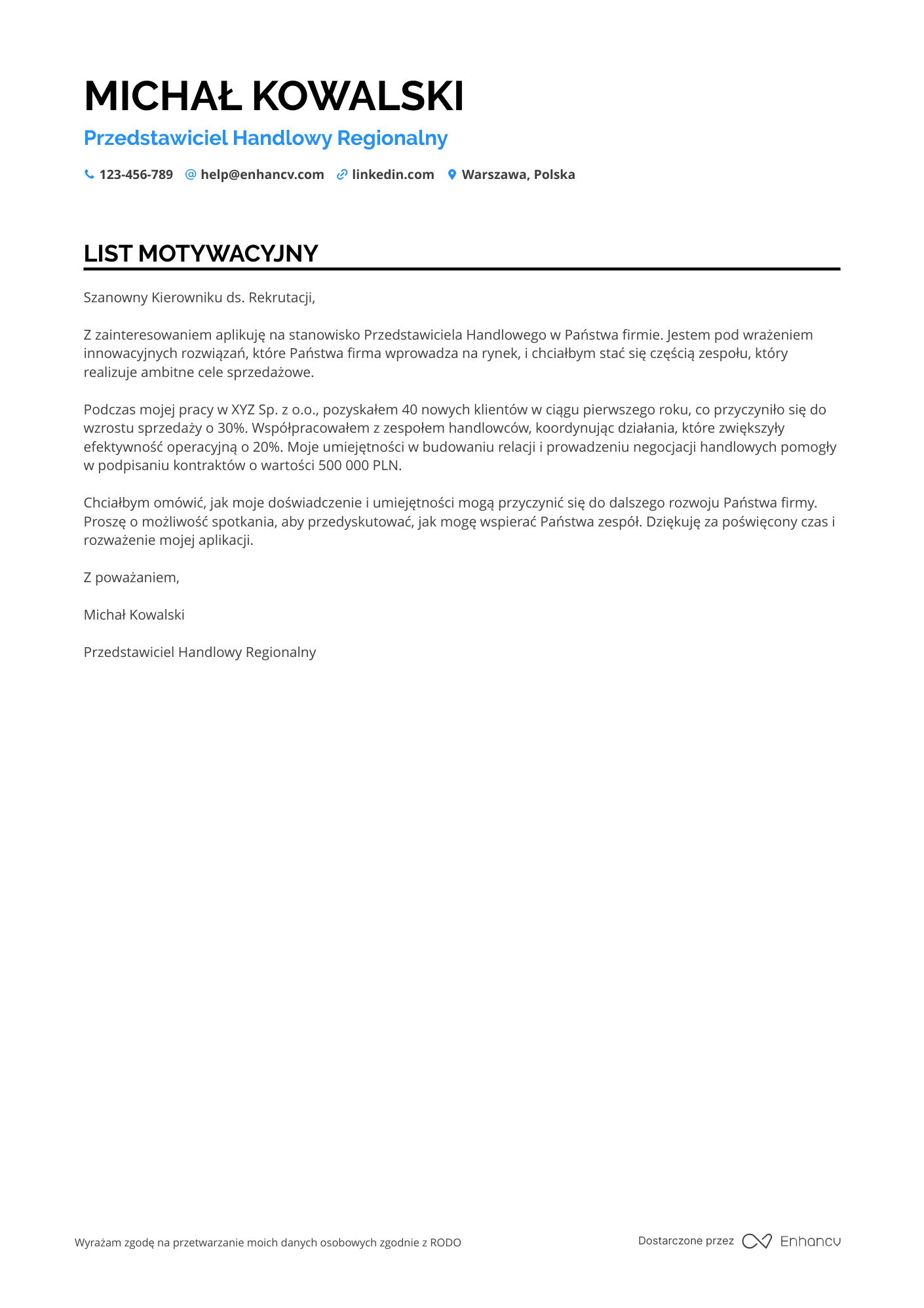 List motywacyjny dla Przedstawiciel Handlowy Regionalny Resume Example