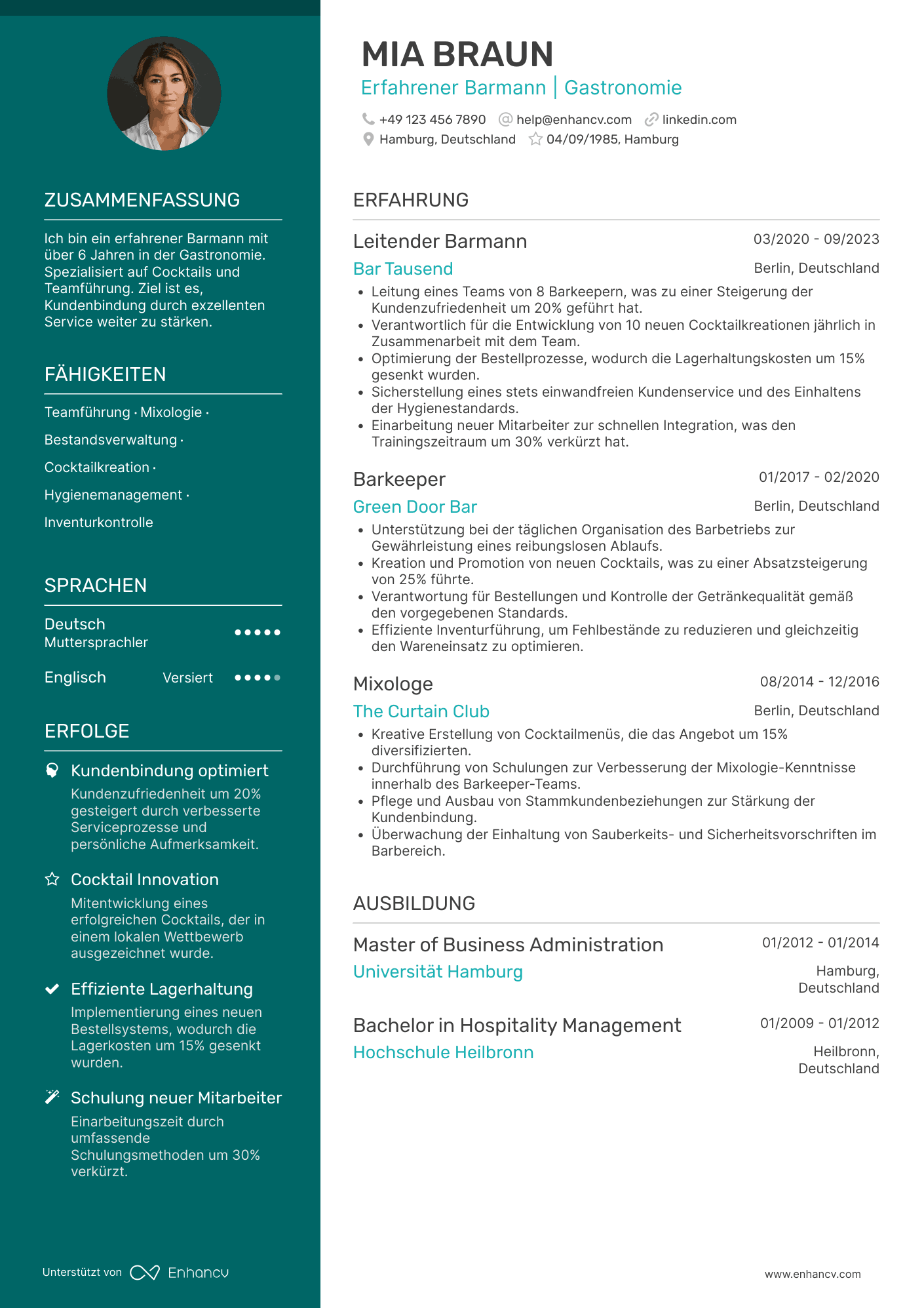 Lebenslauf als Barmann mit Führungserfahrung Resume Example