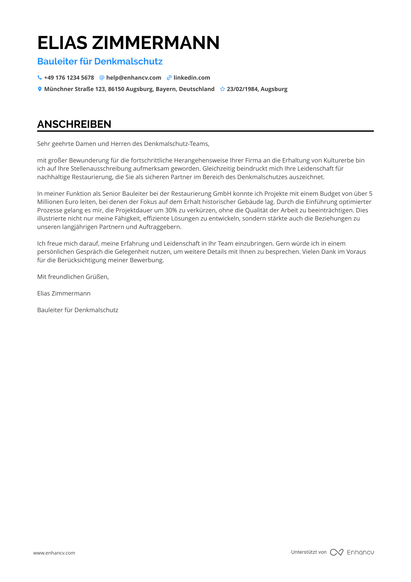Bauleiter für Denkmalschutz Resume Example