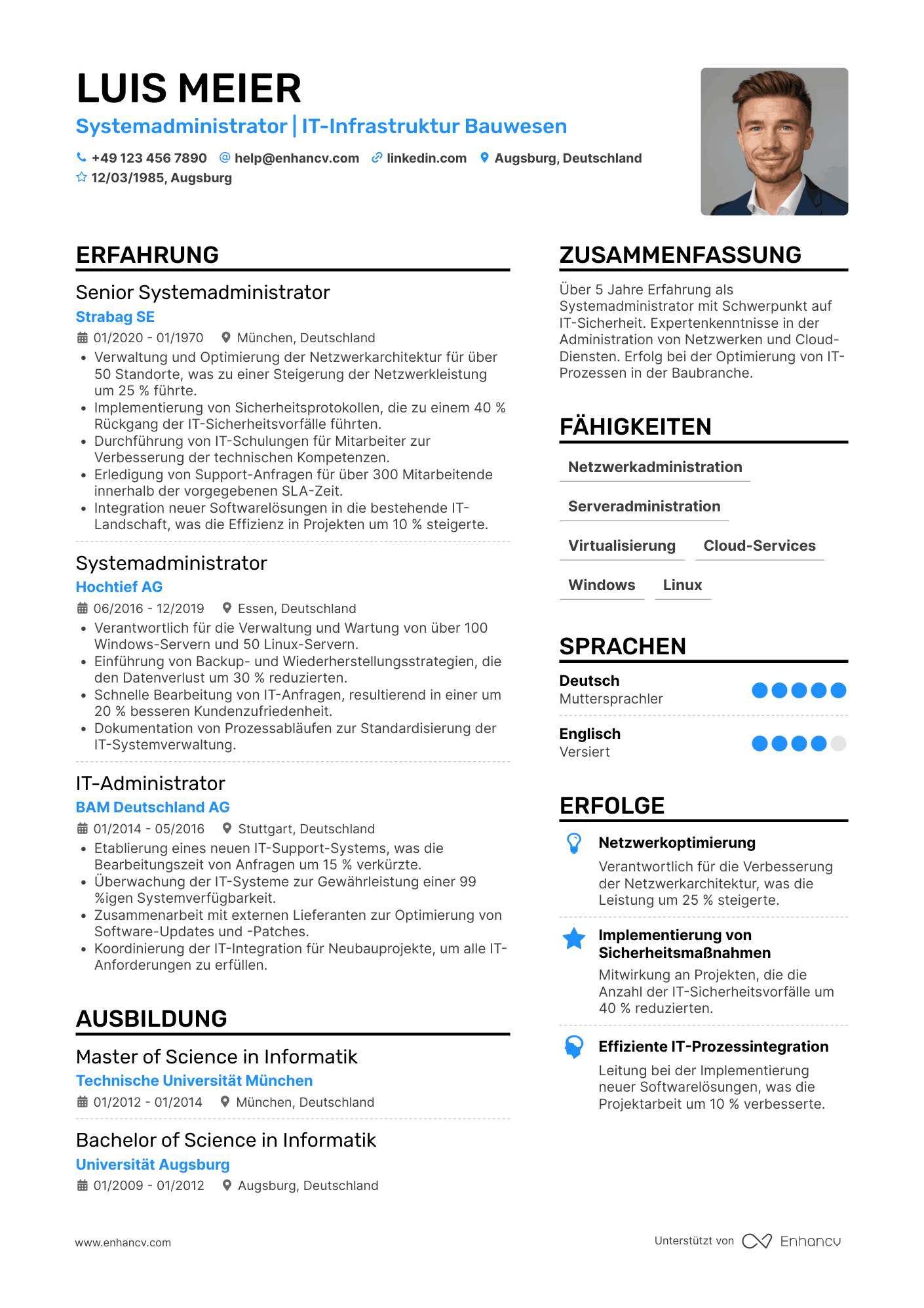 Lebenslauf in Systemadministrator in der Baubranche Resume Example