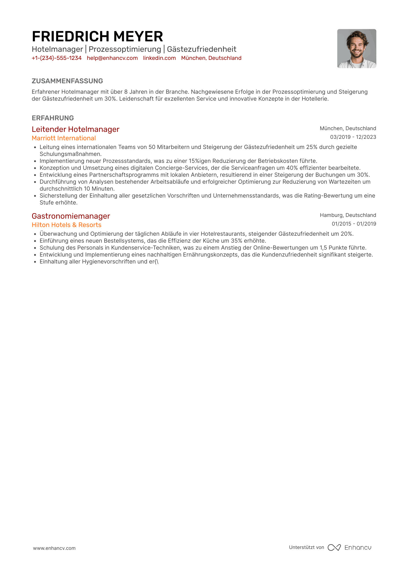 Lebenslauf Hotel  und Gastronomiemanagement Resume Example