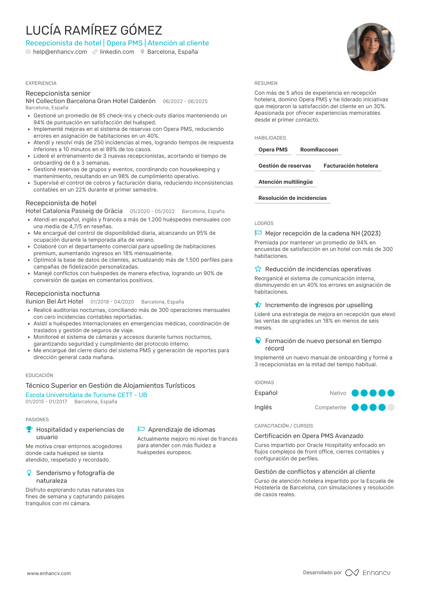 Recepcionista de hotel Resume Example